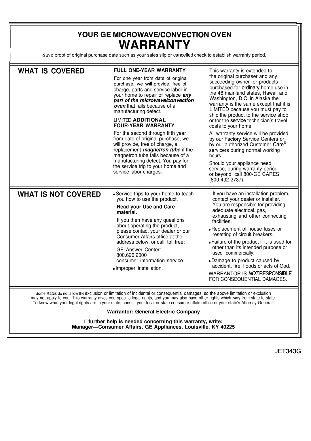 GE Monogram JET343G manual Warranty 