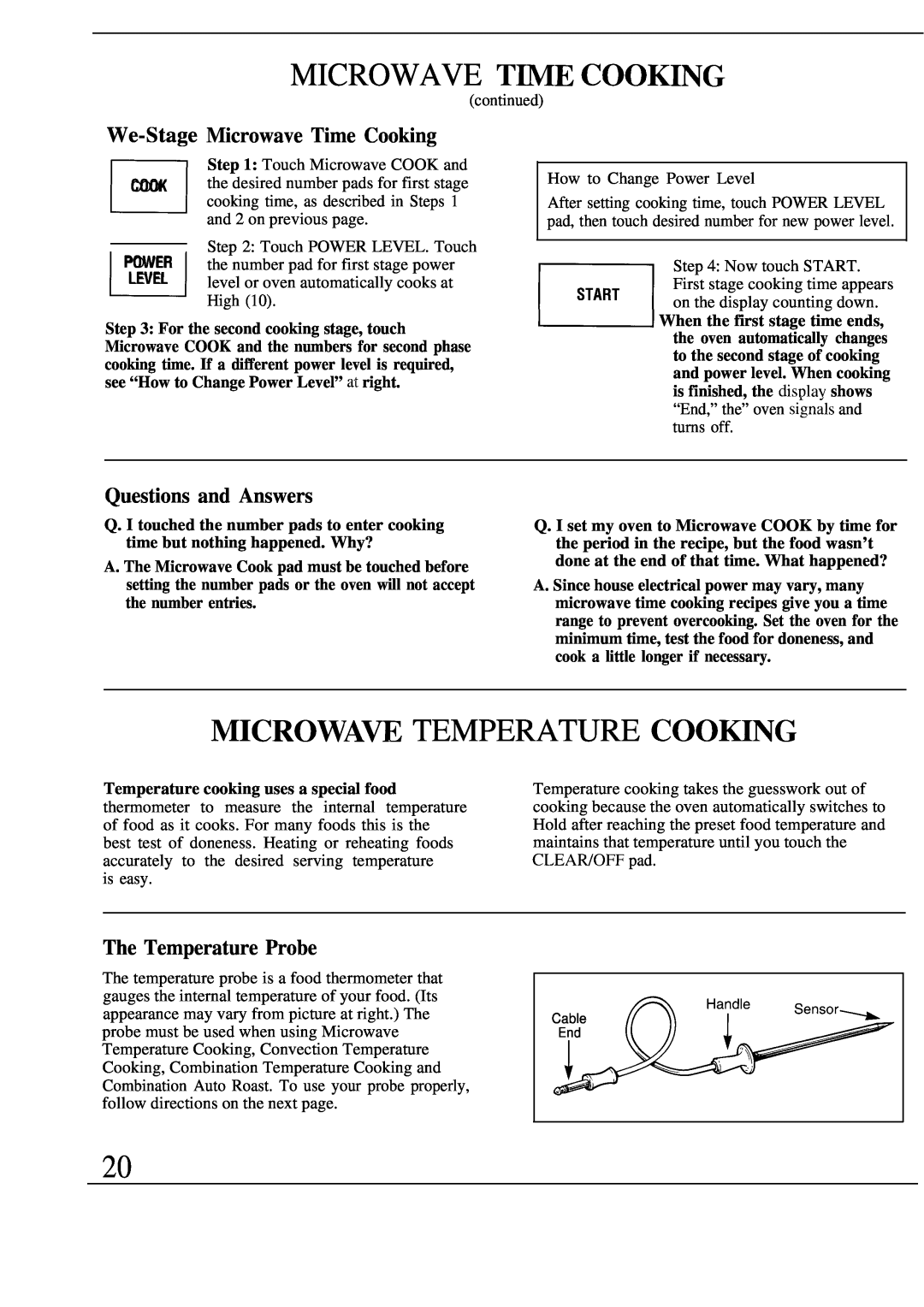 GE Monogram JET343G manual MICROWAVE TME COOmNG, MICROWAW TEMPERATURE COOmNG, We-Stage Microwave Time Cooking 