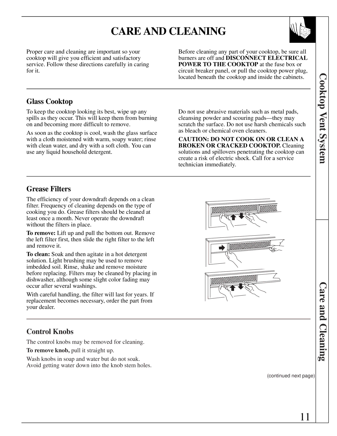 GE Monogram JGP645 operating instructions Care and Cleaning, Glass Cooktop, Grease Filters, Control Knobs 