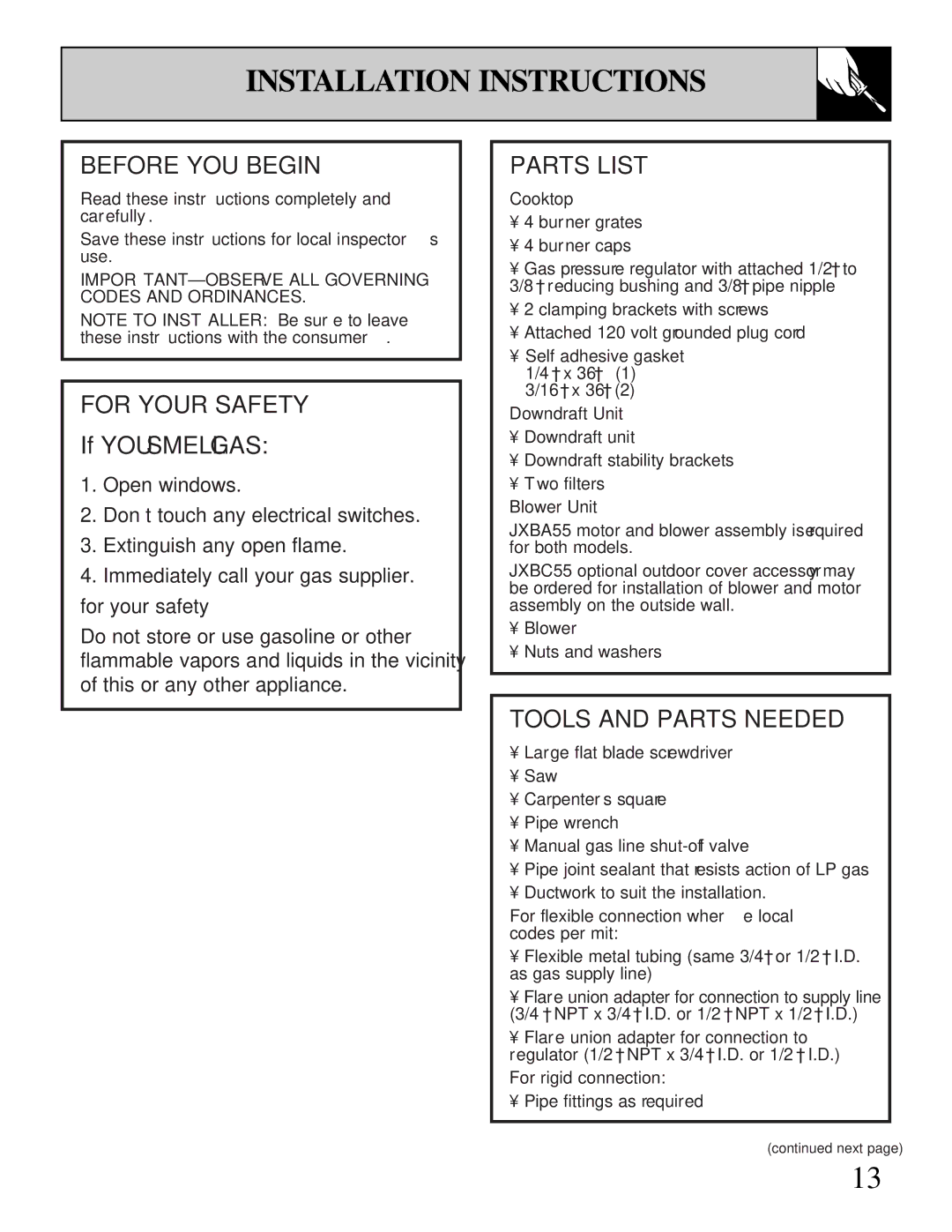 GE Monogram JGP645 Installation Instructions, Before YOU Begin, For Your Safety, Parts List, Tools and Parts Needed 