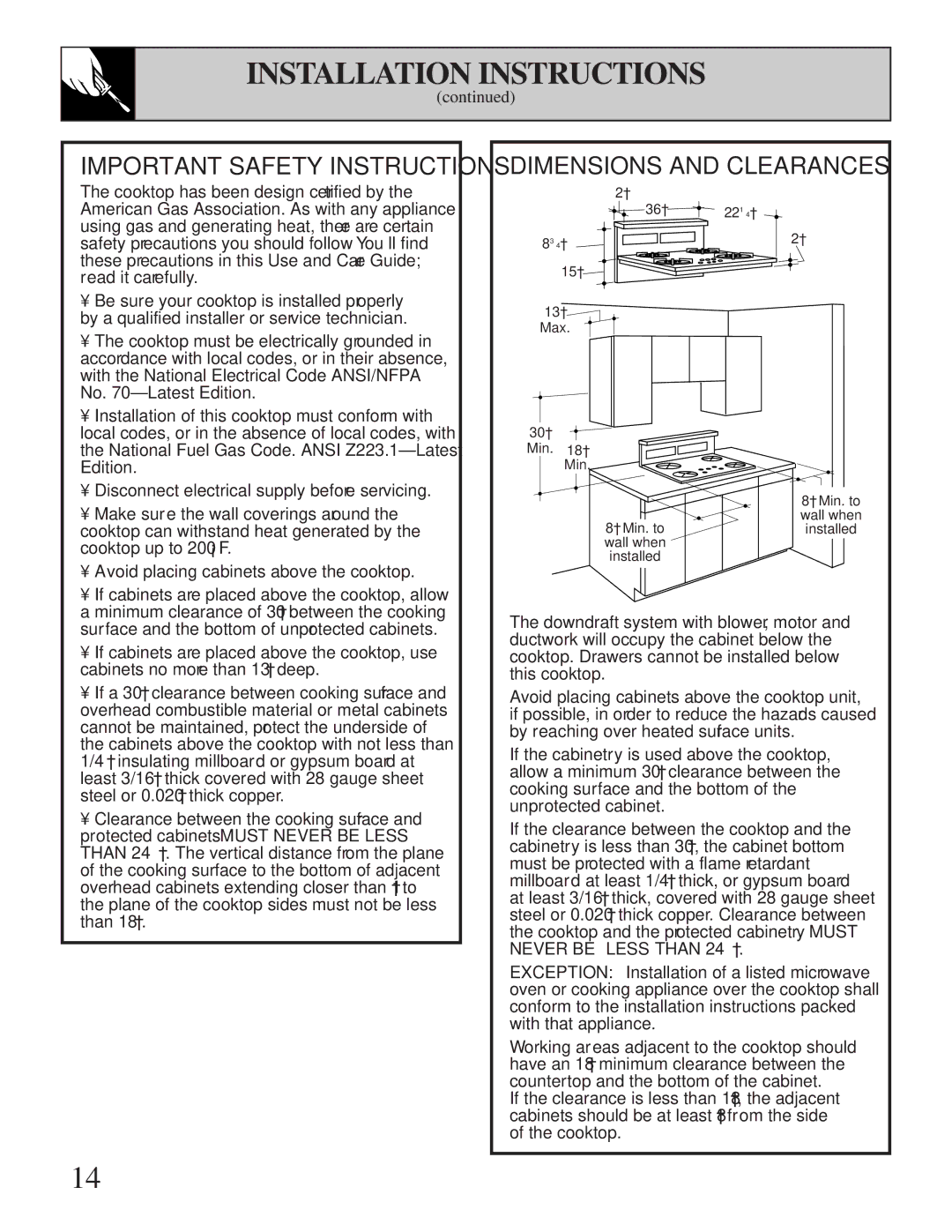 GE Monogram JGP645 operating instructions Important Safety Instructions Dimensions and Clearances 