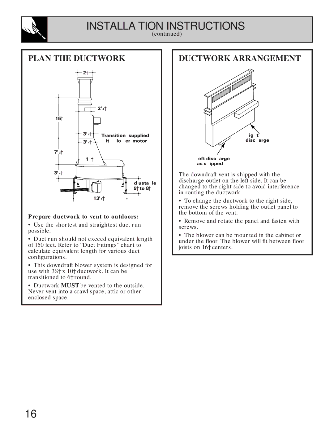 GE Monogram JGP645 operating instructions Plan the Ductwork, Ductwork Arrangement, Prepare ductwork to vent to outdoors 