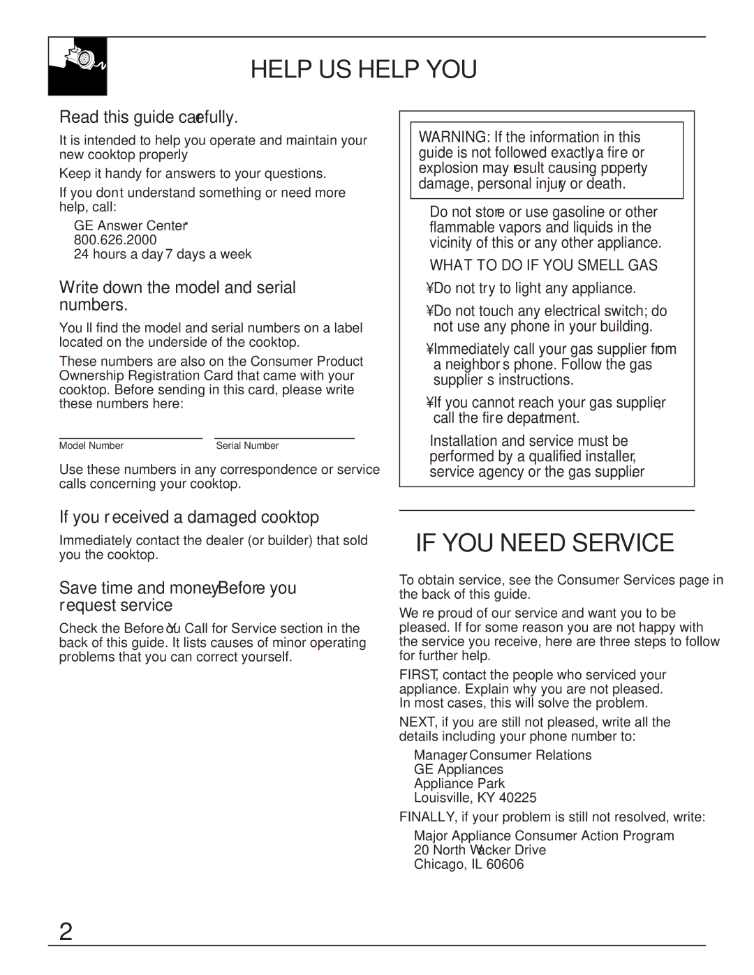 GE Monogram JGP645 operating instructions Help US Help YOU…, If YOU Need Service 