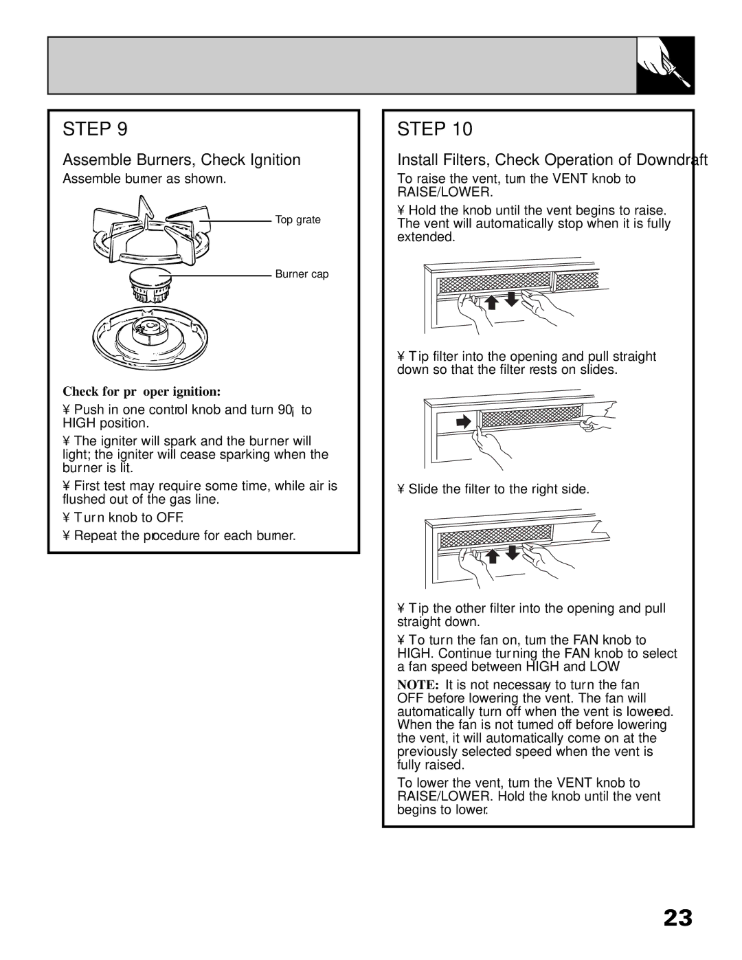 GE Monogram JGP645 operating instructions Assemble Burners, Check Ignition, Install Filters, Check Operation of Downdraft 