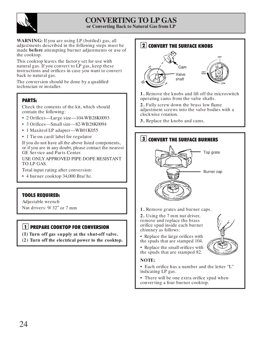 GE Monogram JGP645 operating instructions Converting to LP GAS, Or Converting Back to Natural Gas from LP 