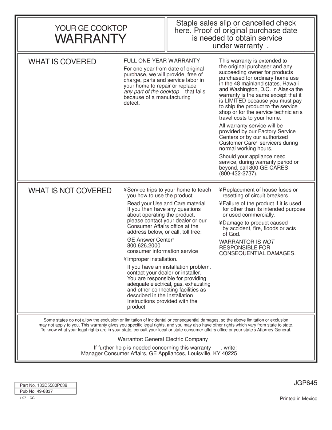 GE Monogram JGP645 operating instructions Warranty 