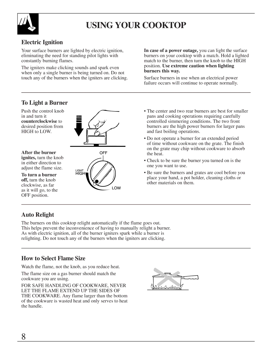 GE Monogram JGP645 Using Your Cooktop, Electric Ignition, To Light a Burner, Auto Relight, How to Select Flame Size 