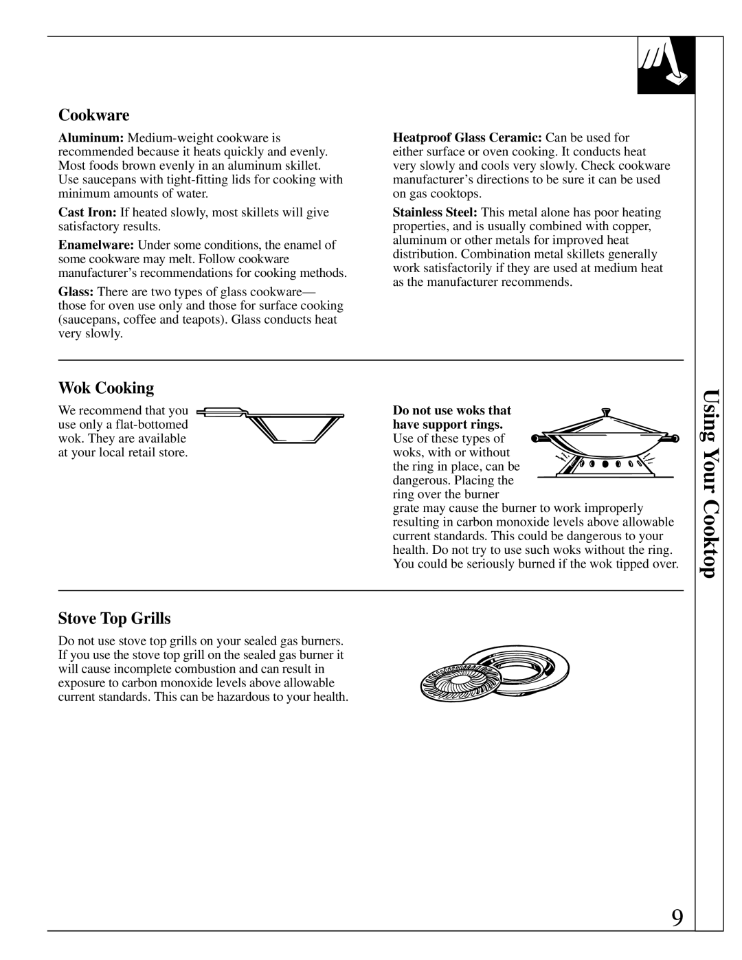 GE Monogram JGP645 operating instructions Cookware, Wok Cooking, Stove Top Grills, Do not use woks that, Have support rings 