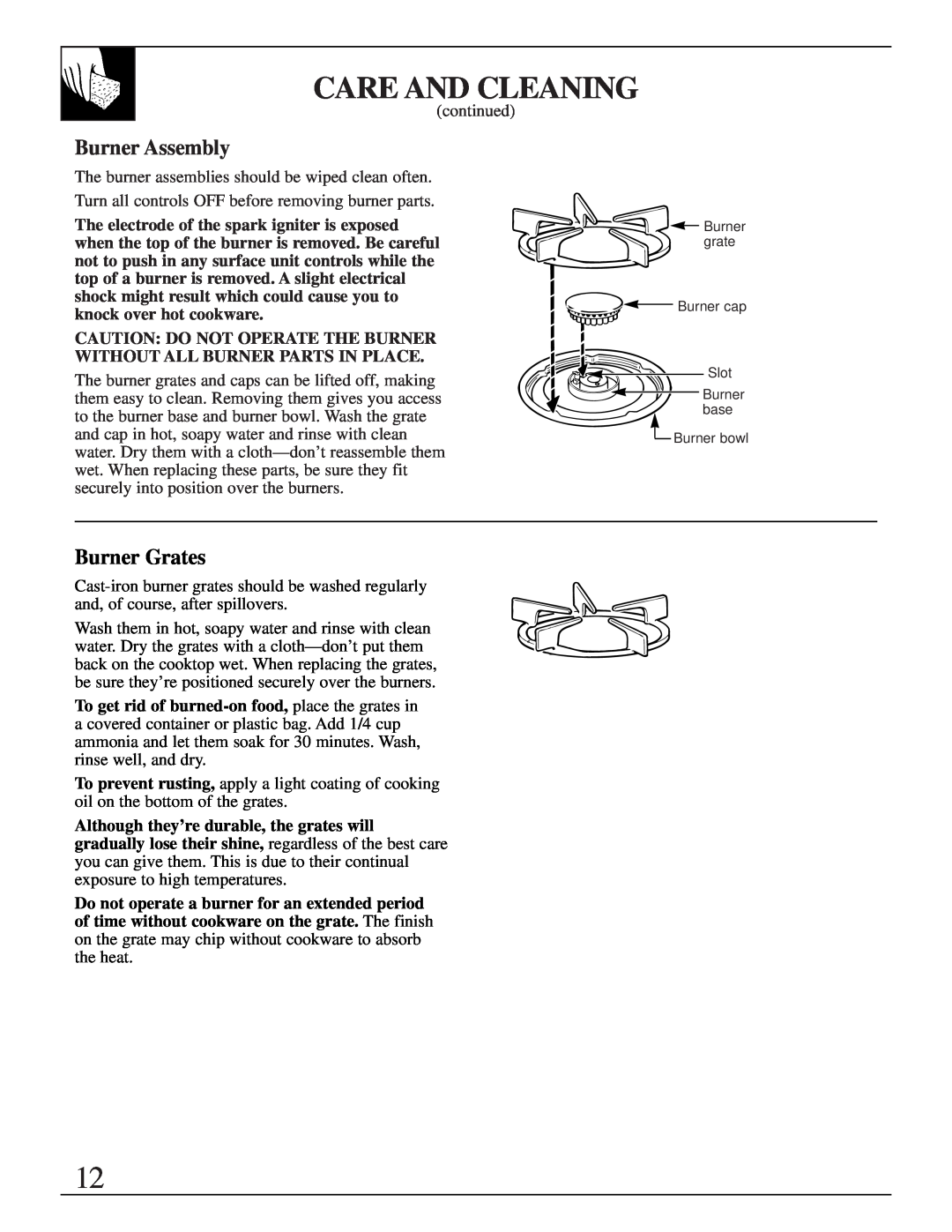 GE Monogram JGP645 operating instructions Burner Assembly, Burner Grates, Care And Cleaning 