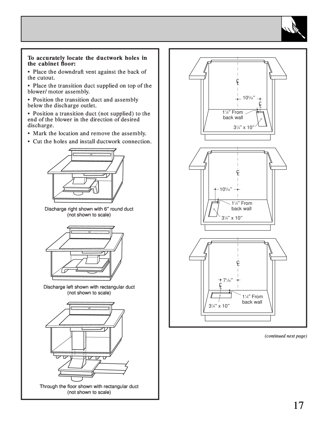 GE Monogram JGP645 operating instructions To accurately locate the ductwork holes in the cabinet floor 