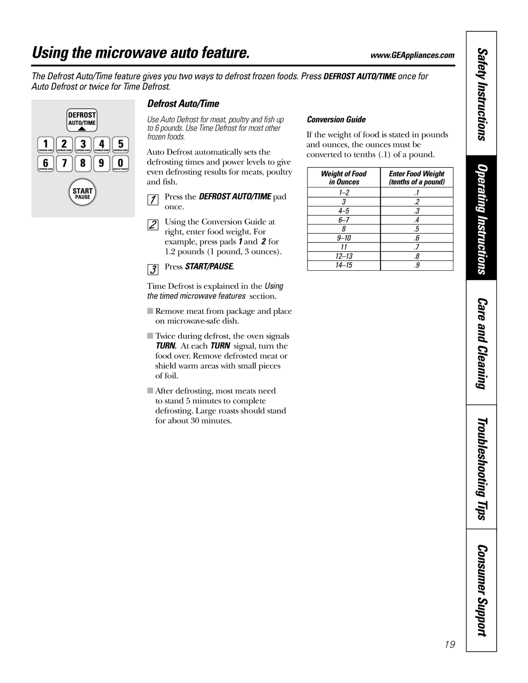 GE Monogram JT965 owner manual Defrost Auto/Time, Conversion Guide 