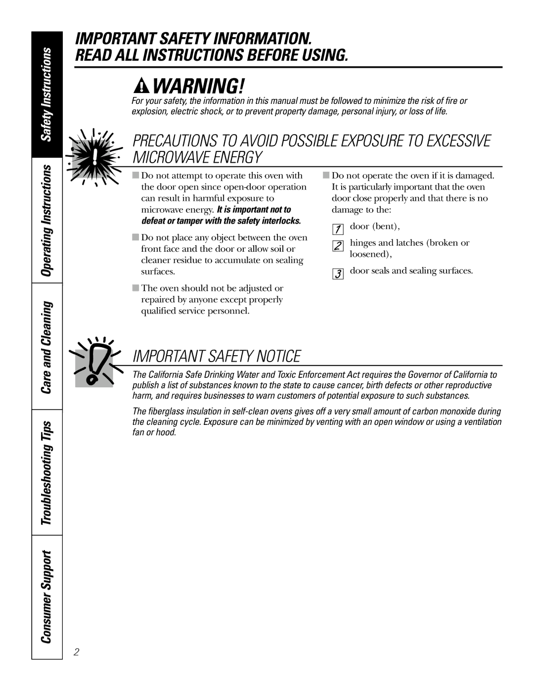 GE Monogram JT965 Important Safety Notice, Consumer Support Troubleshooting Tips Care, Cleaning Operating Instructions 