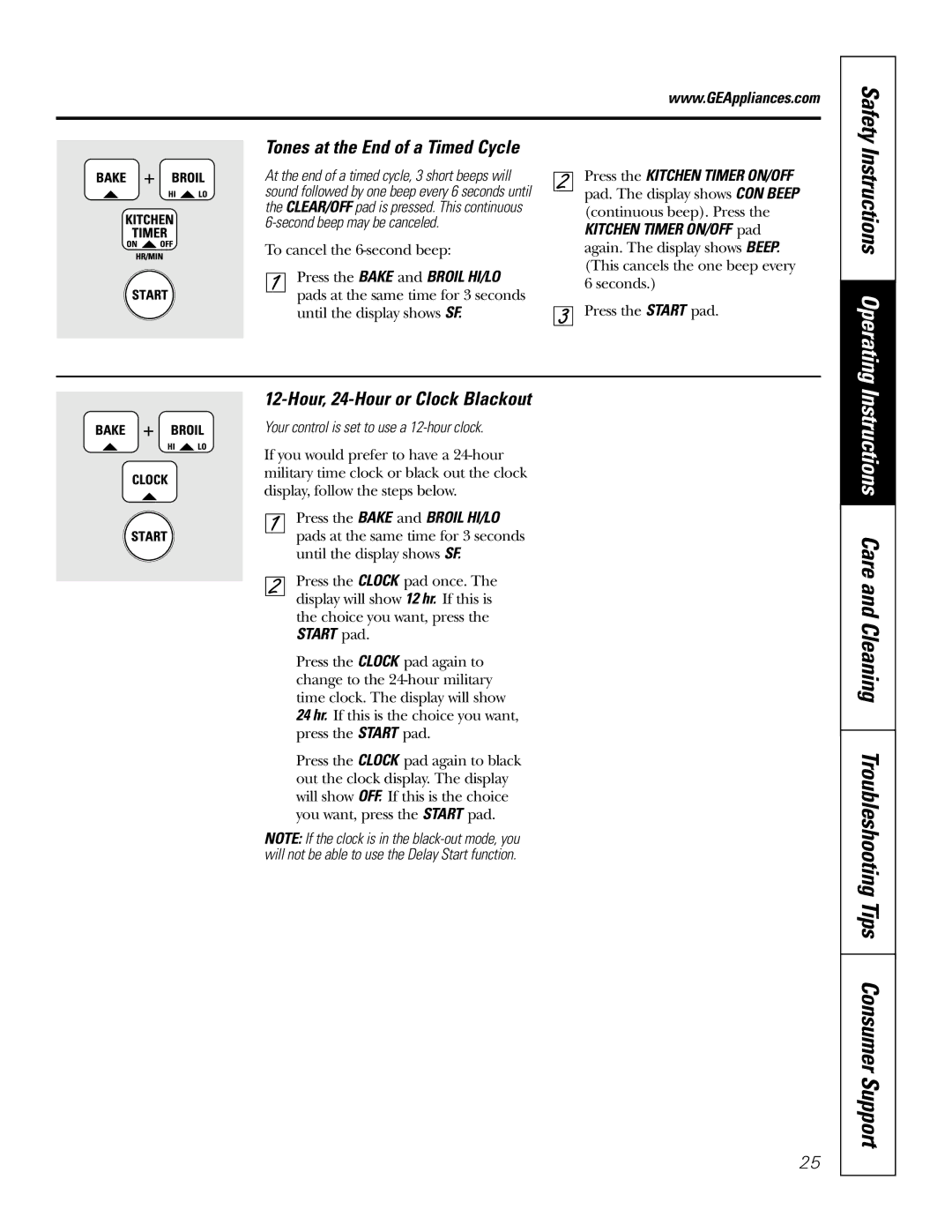 GE Monogram JT965 owner manual Instructions Operating, Tones at the End of a Timed Cycle, Hour, 24-Hour or Clock Blackout 