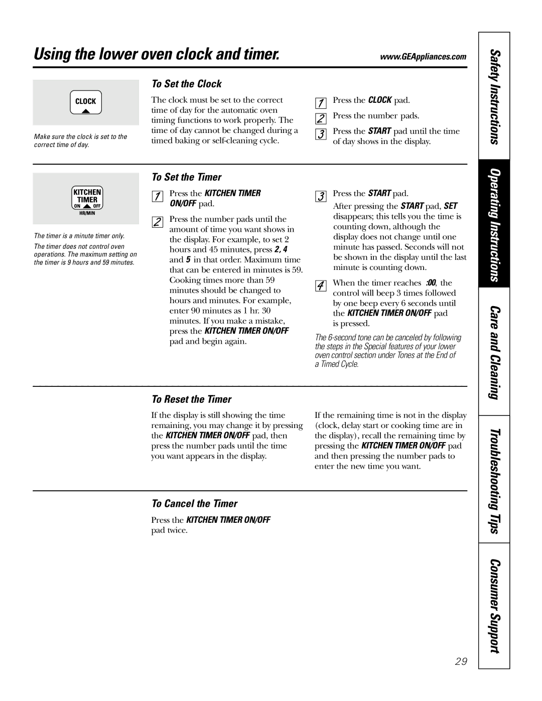 GE Monogram JT965 owner manual Using the lower oven clock and timer, To Set the Clock, To Set the Timer, To Reset the Timer 