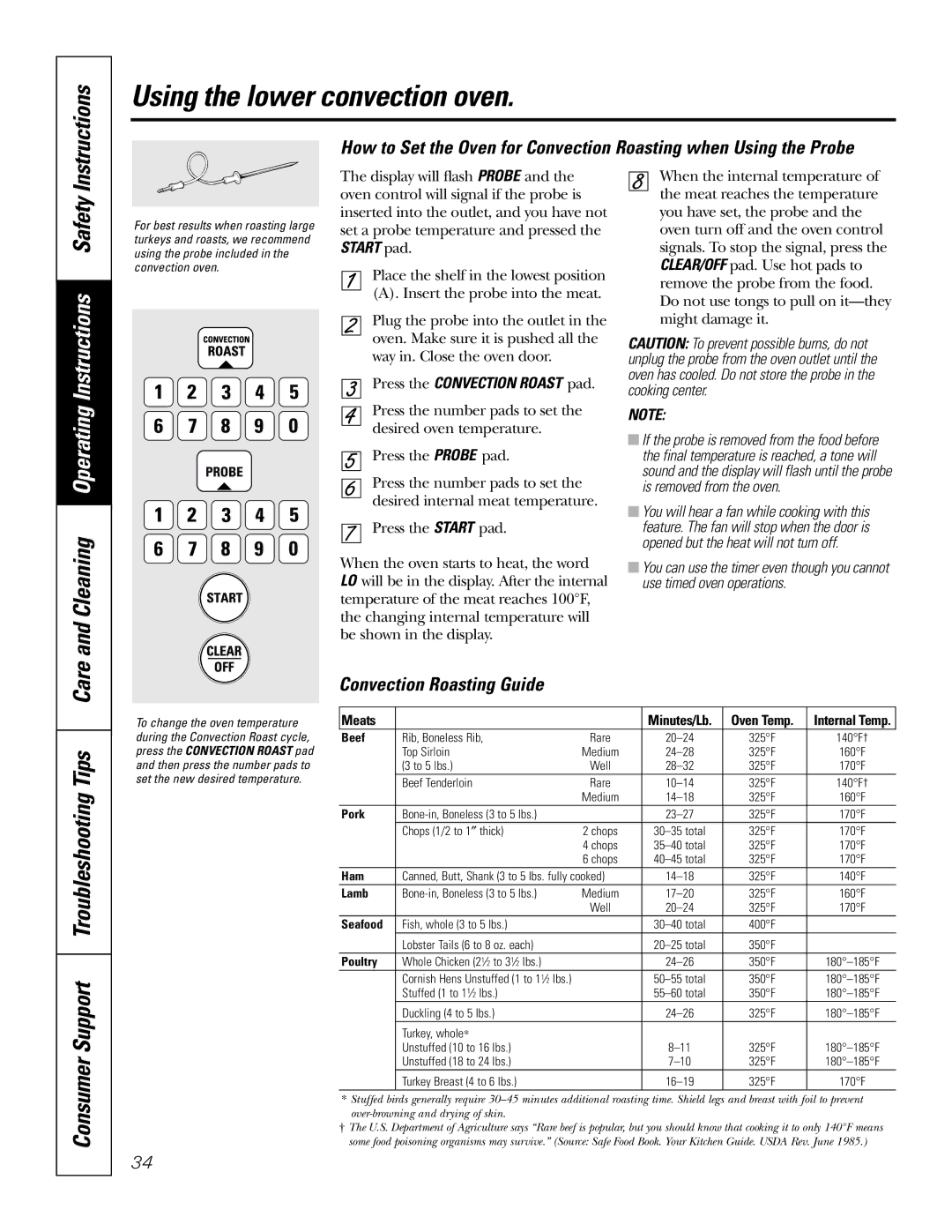 GE Monogram JT965 owner manual Convection Roasting Guide, Press the Convection Roast pad 