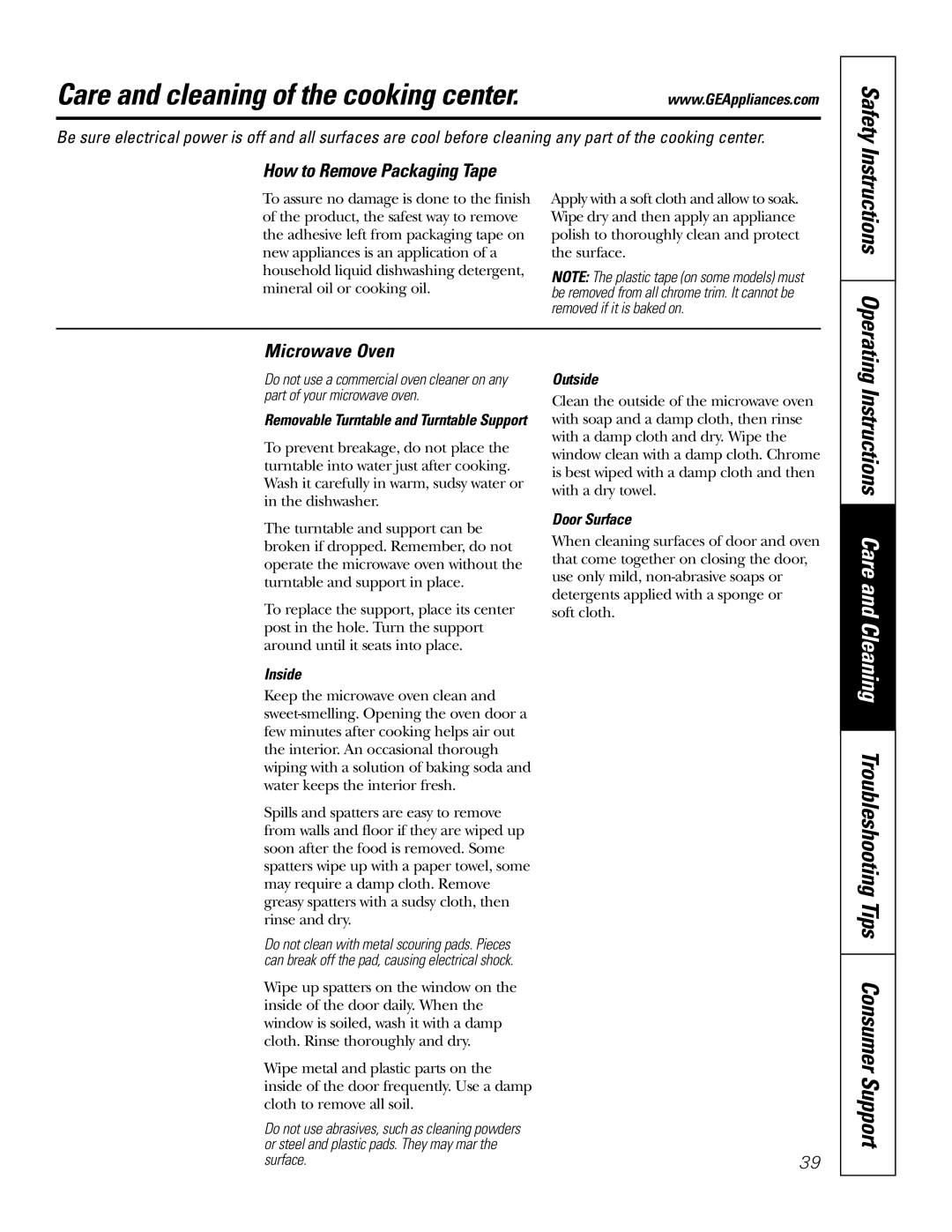 GE Monogram JT965 owner manual Care and cleaning of the cooking center, How to Remove Packaging Tape, Microwave Oven 