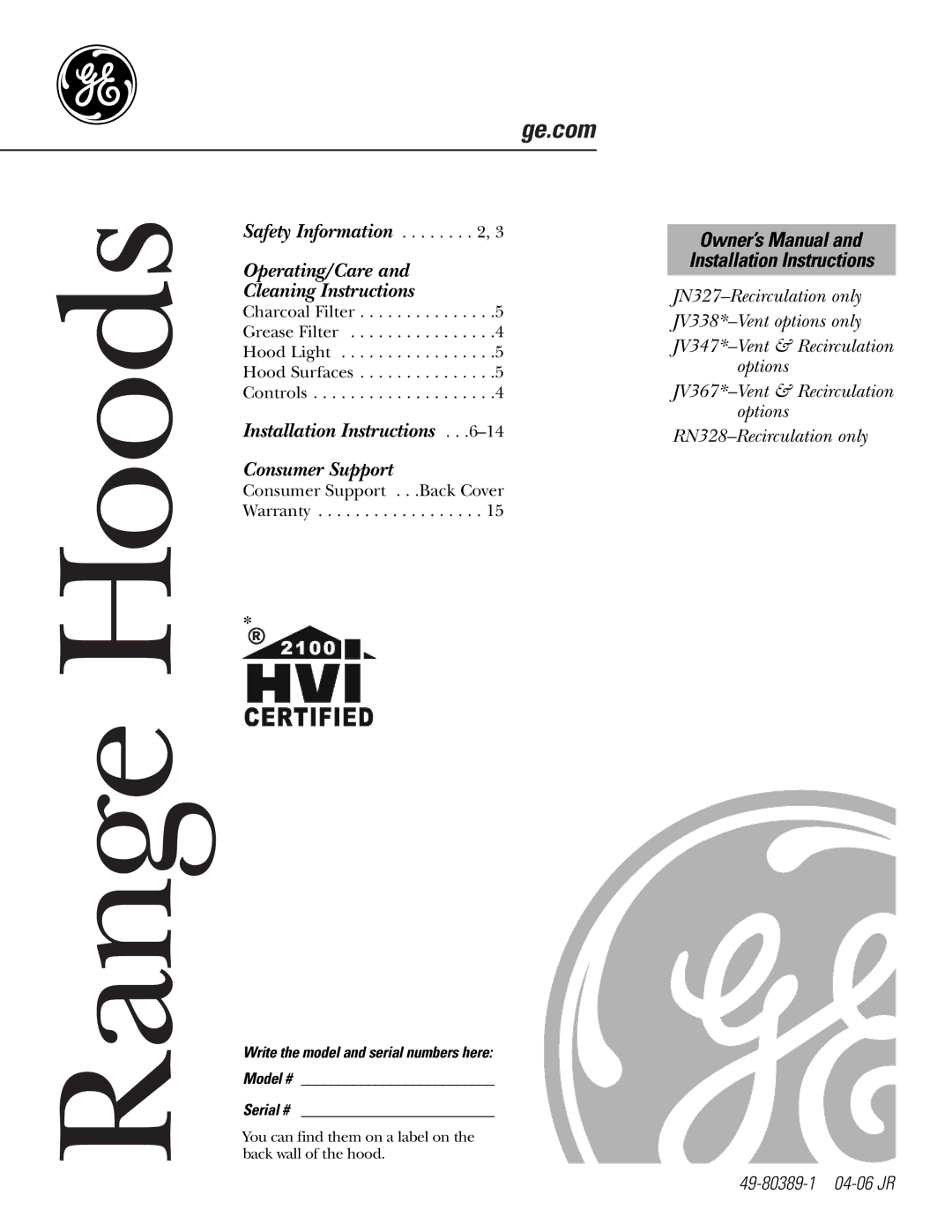 GE Monogram RN328, JV347, JN327, JV338, JV367 installation instructions Range Hoods 