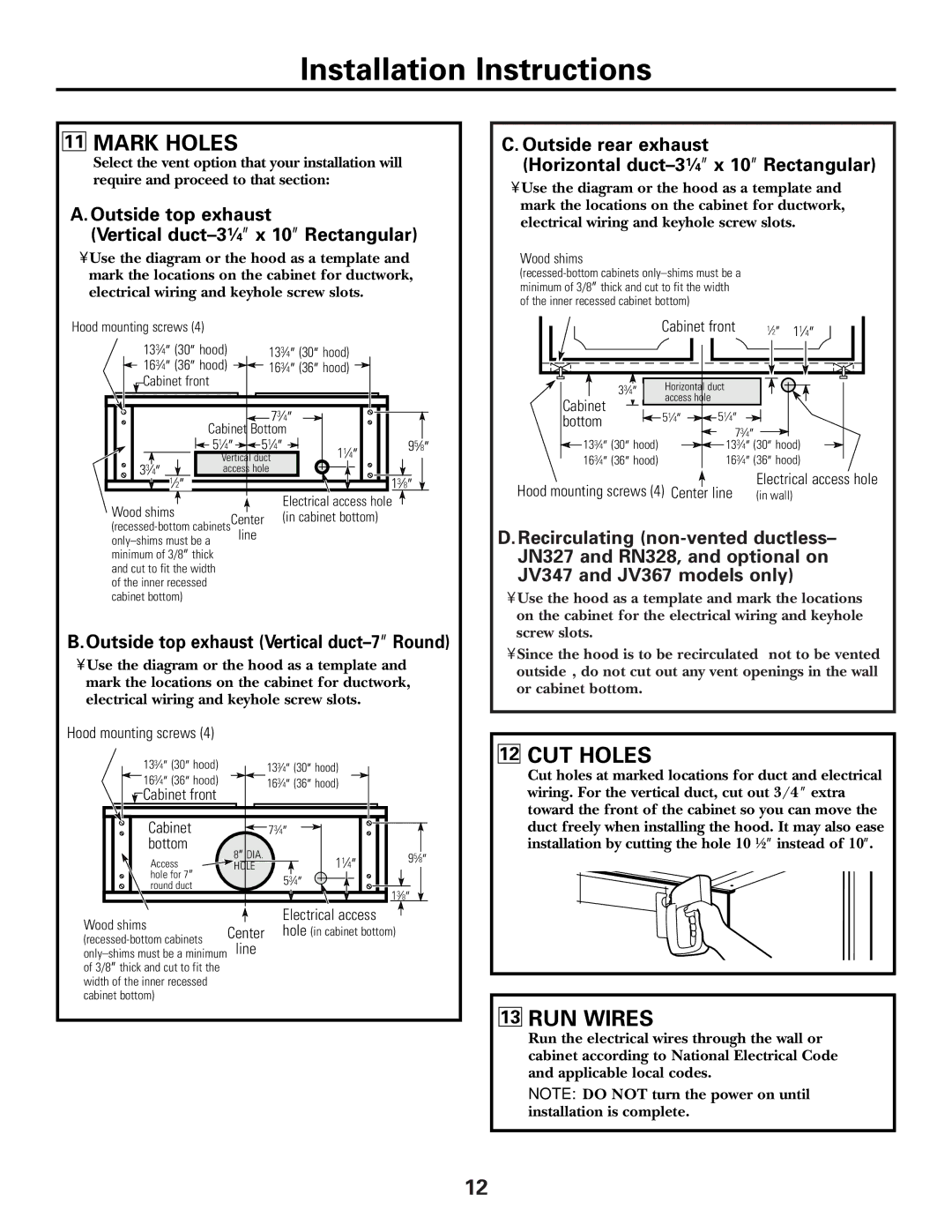 GE Monogram JN327, JV347, RN328, JV338, JV367 installation instructions Mark Holes, CUT Holes, RUN Wires 