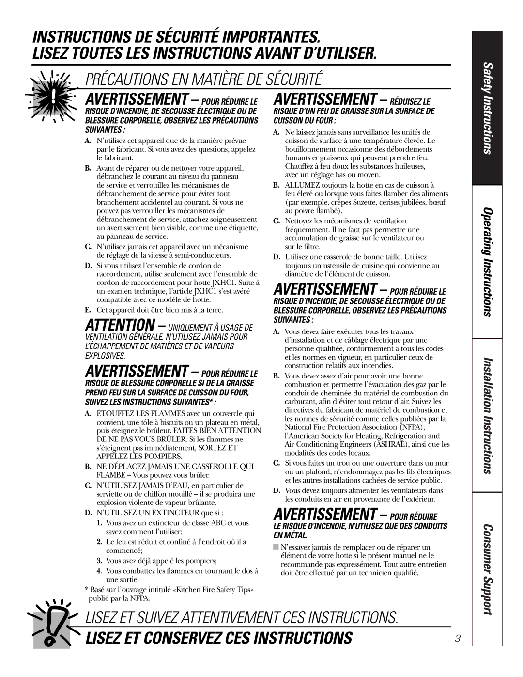 GE Monogram JV338, JV347, RN328, JN327, JV367 installation instructions Avertissement Réduisez LE 