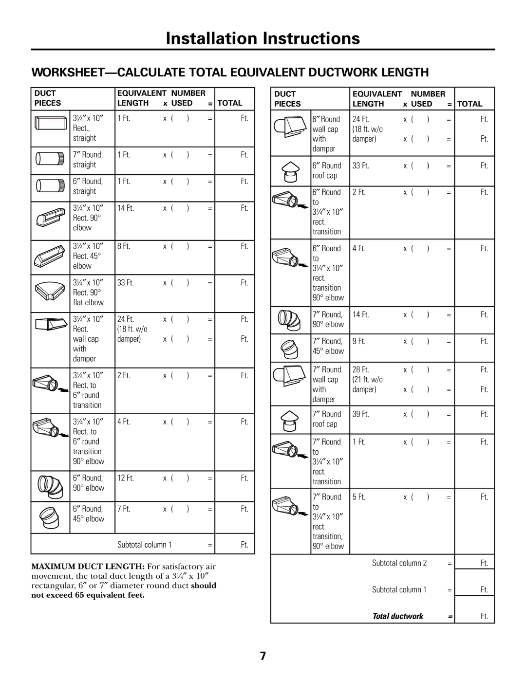 GE Monogram JN327, JV347, RN328, JV338, JV367 Installation Instructions, WORKSHEET-CALCULATE Total Equivalent Ductwork Length 