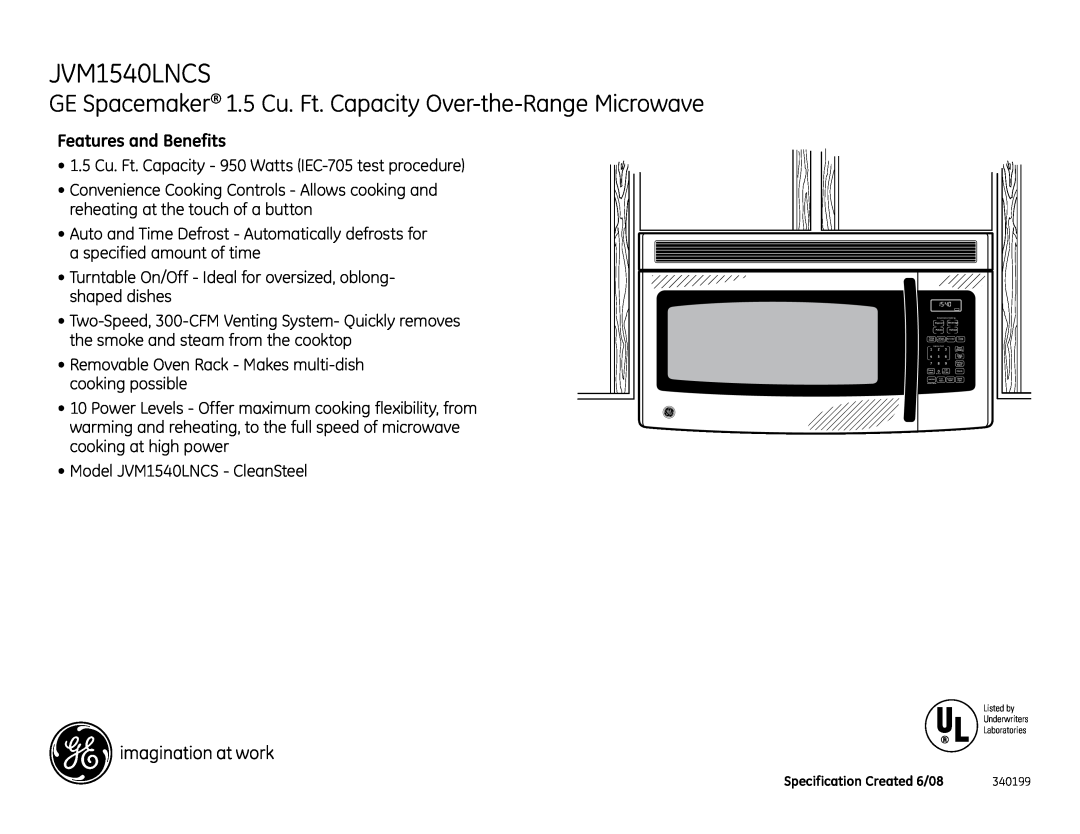 GE Monogram JVM1540LNCS dimensions GE Spacemaker 1.5 Cu. Ft. Capacity Over-the-Range Microwave, Features and Benefits 
