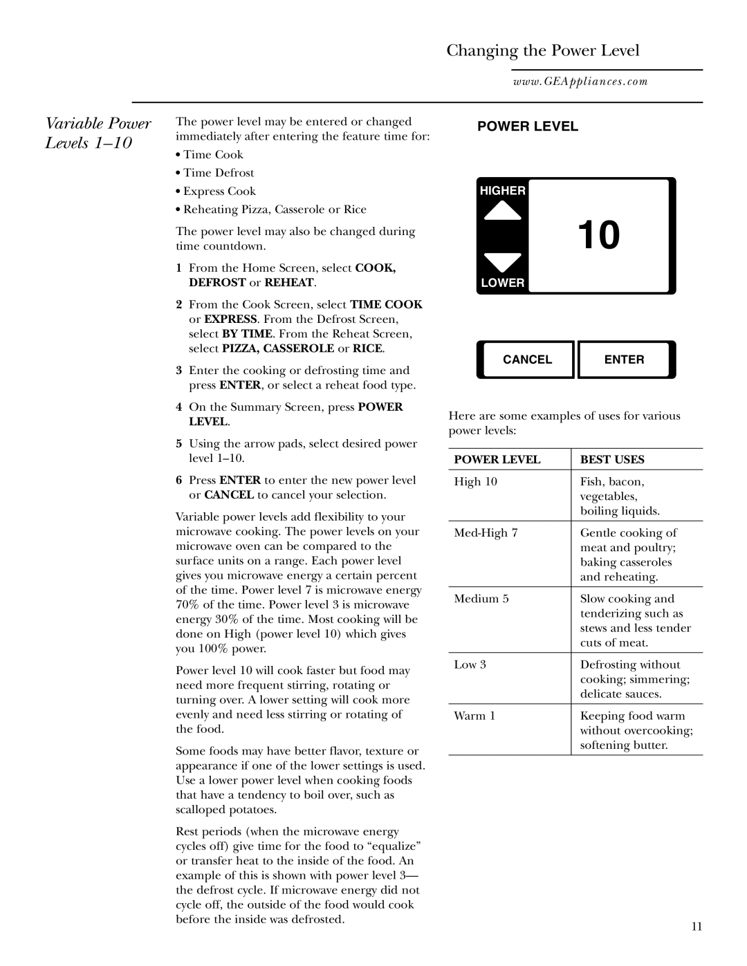 GE Monogram JVM2070 owner manual Changing the Power Level, Variable Power, Levels, Cancel Enter, Power Level Best Uses 