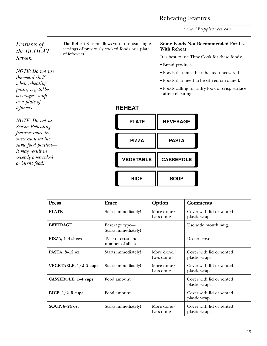 GE Monogram JVM2070 owner manual Reheating Features, Screen, Press Enter Option Comments 