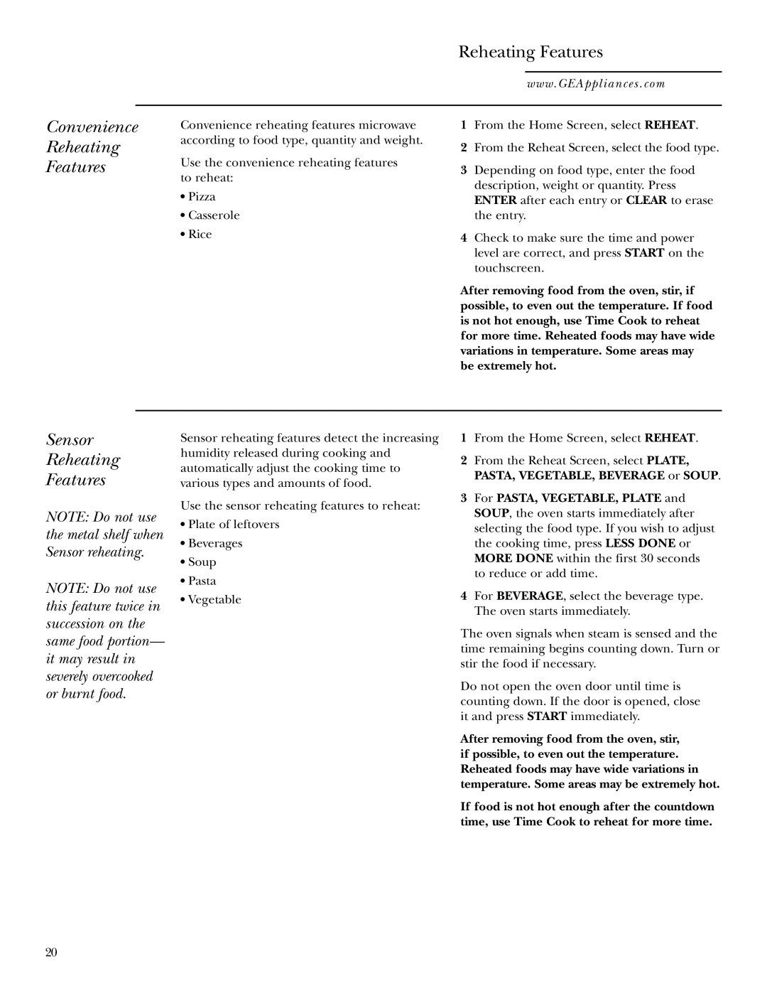 GE Monogram JVM2070 owner manual Convenience, Reheating, Sensor 