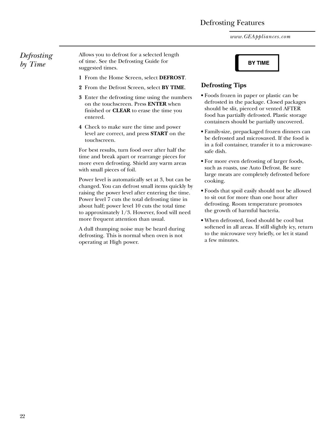 GE Monogram JVM2070 owner manual Defrosting by Time, Defrosting Tips 