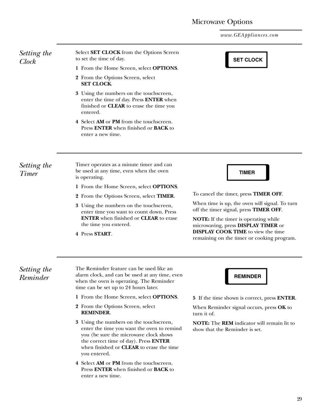 GE Monogram JVM2070 owner manual Setting the Clock Microwave Options, Setting the Timer, Setting the Reminder, SET Clock 