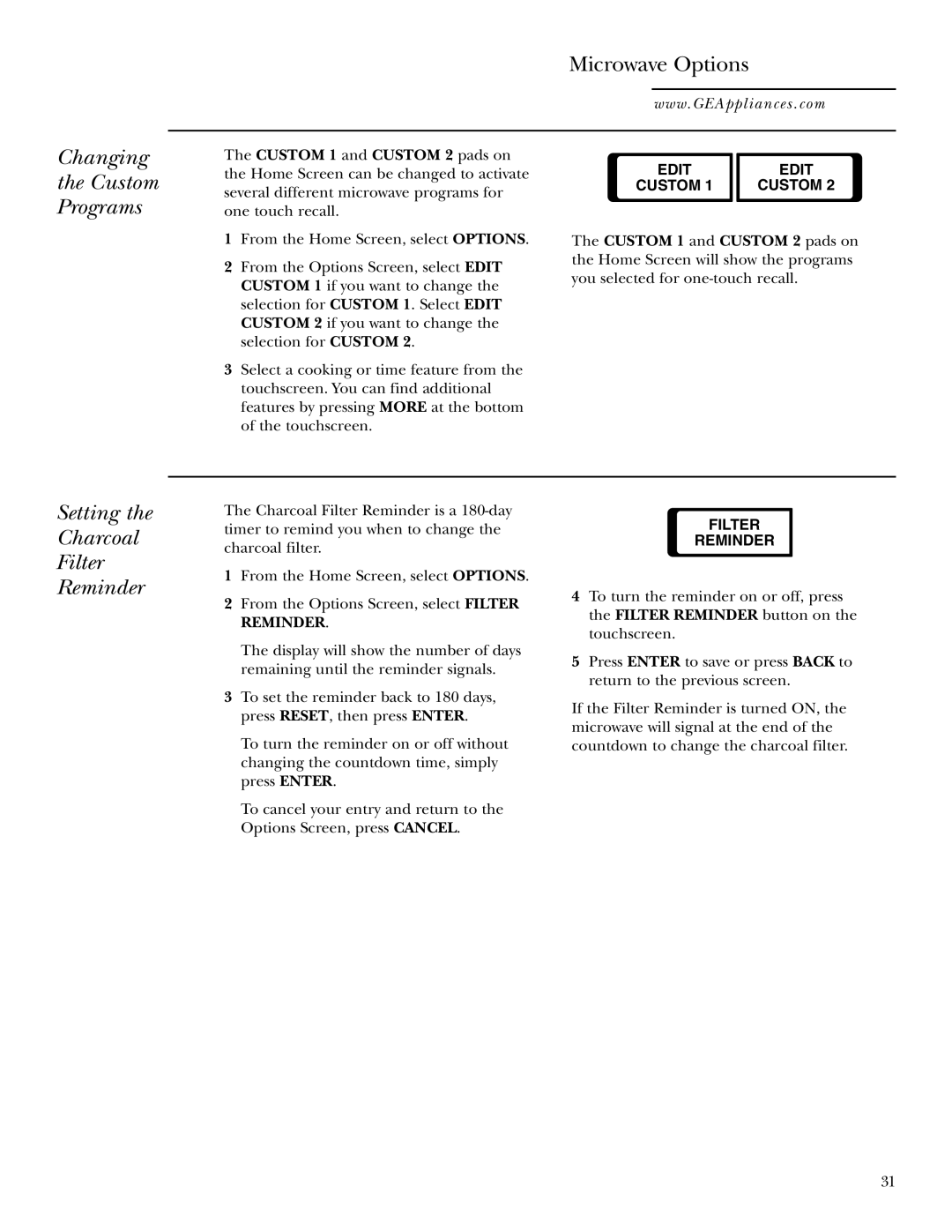 GE Monogram JVM2070 owner manual Changing Custom Programs Microwave Options, Setting Charcoal Filter Reminder, Edit 