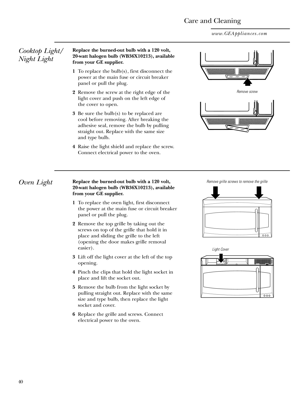 GE Monogram JVM2070 owner manual Cooktop Light/ Night Light, Oven Light 