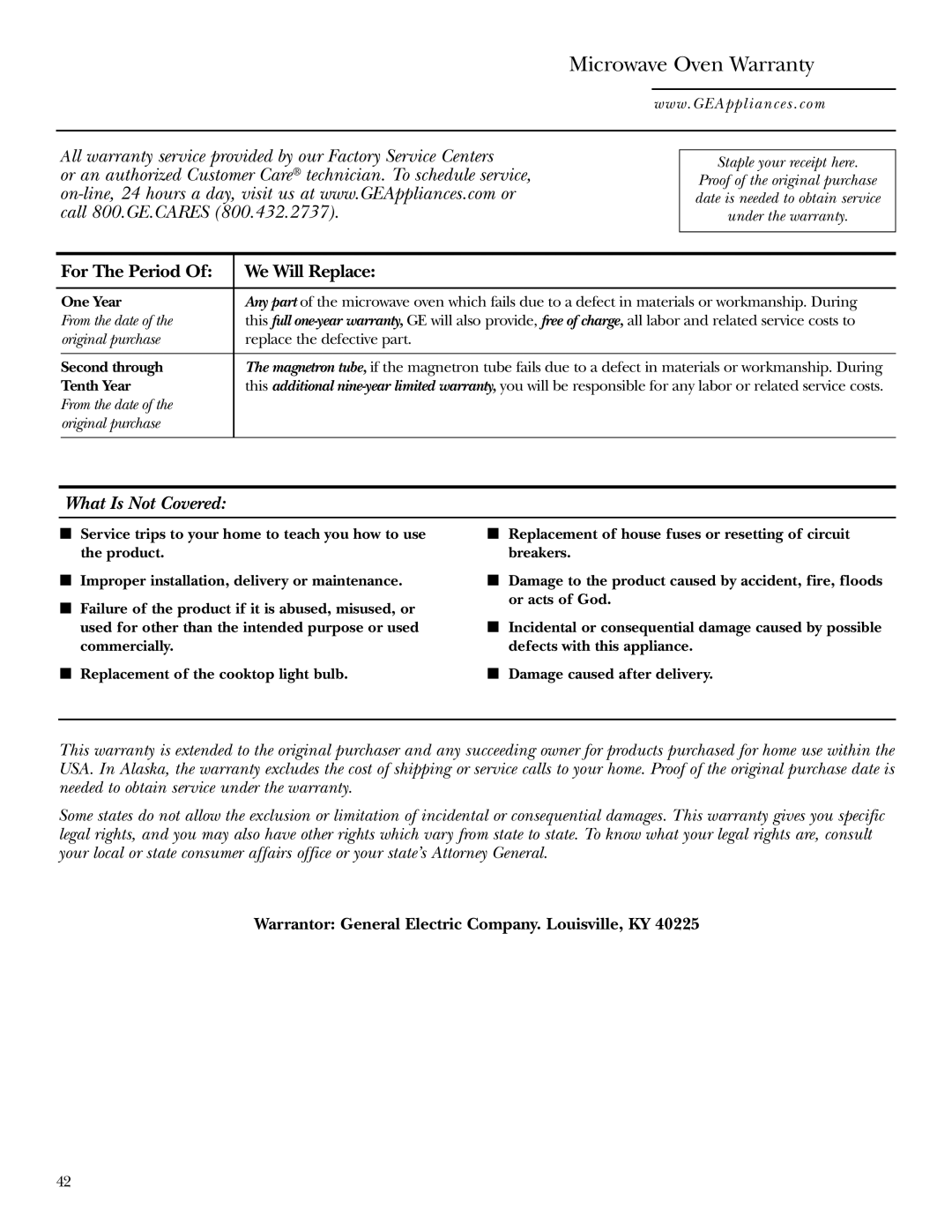 GE Monogram JVM2070 owner manual For The Period We Will Replace, What Is Not Covered, One Year, Second through, Tenth Year 