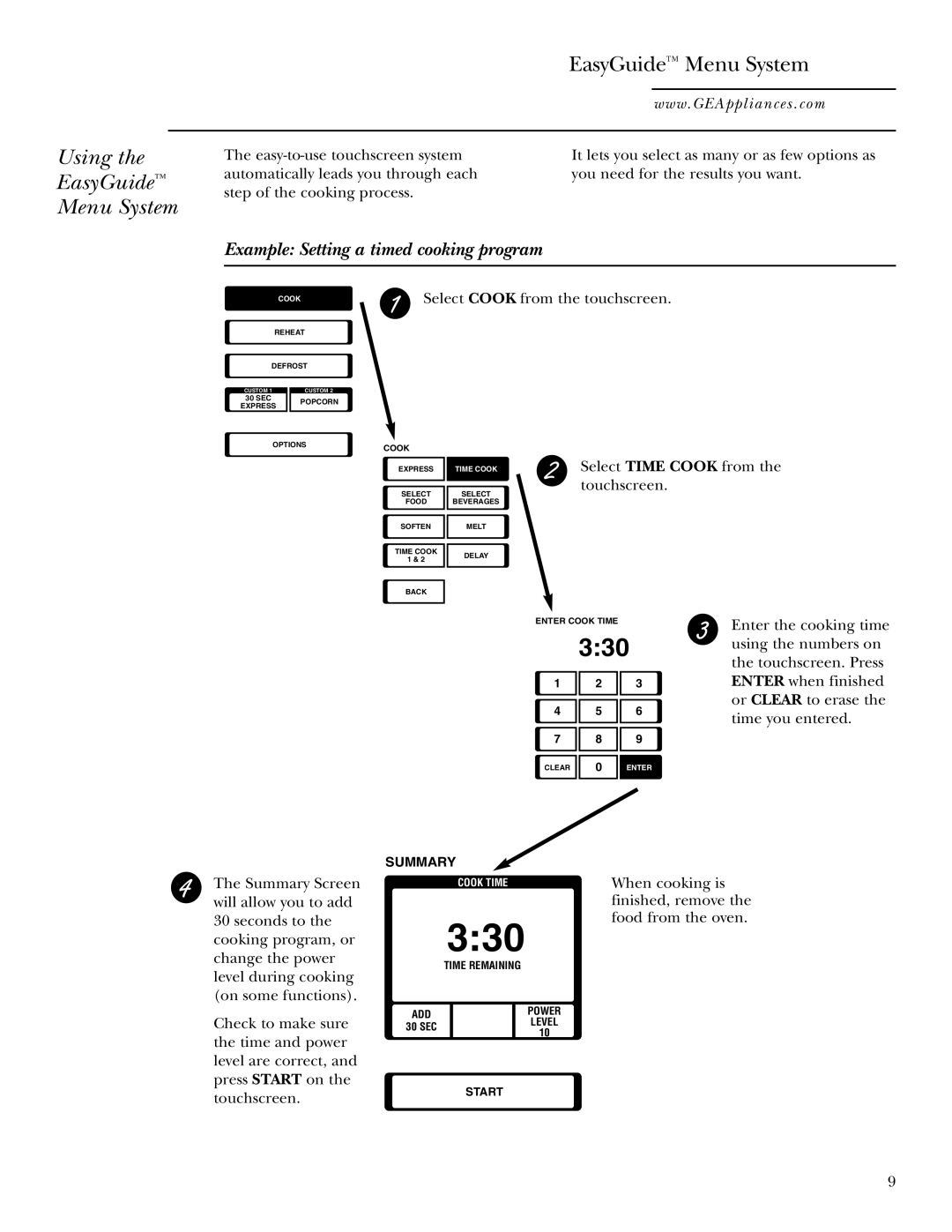 GE Monogram JVM2070 owner manual Using EasyGuide Menu System, Example Setting a timed cooking program 