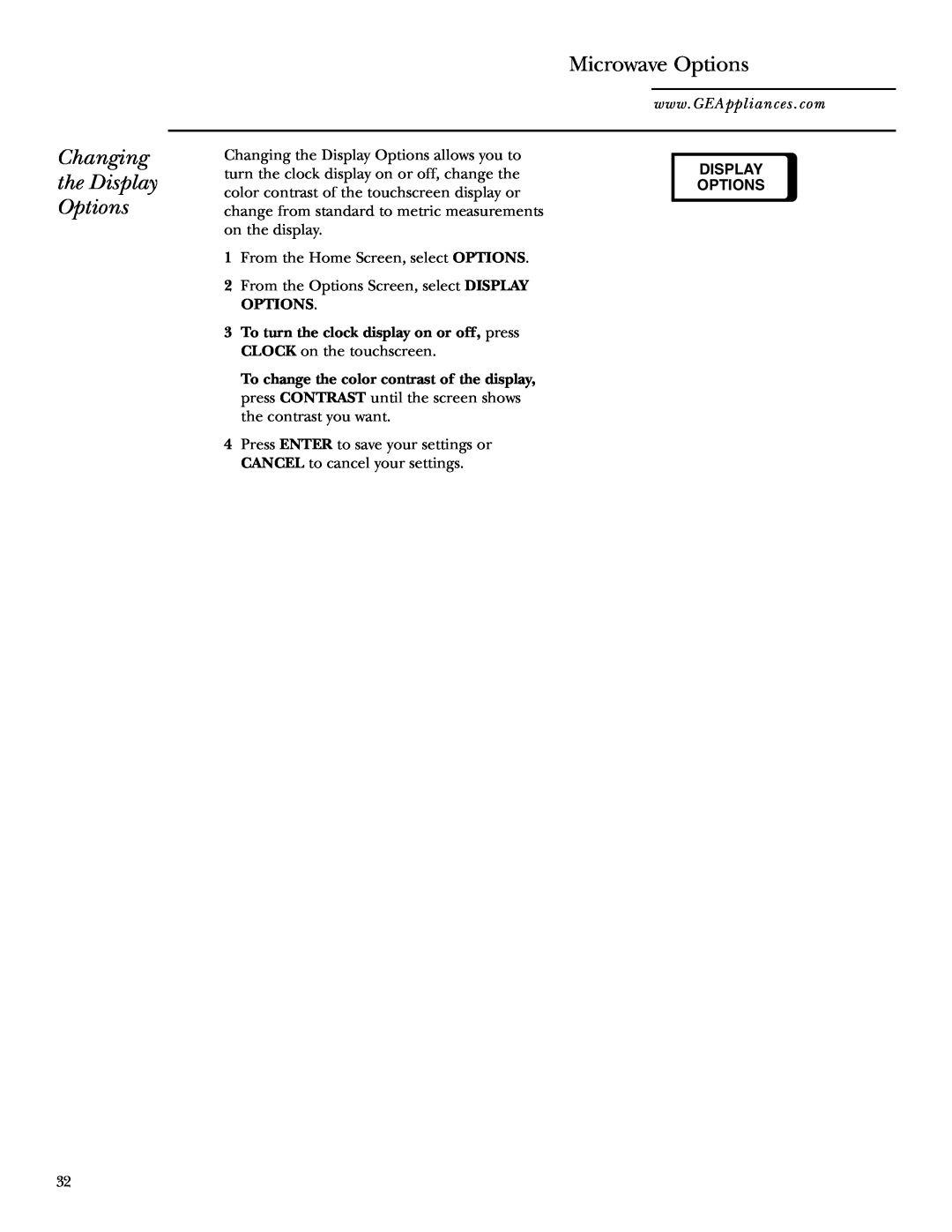 GE Monogram JVM2070 owner manual Changing the Display Options, Microwave Options 