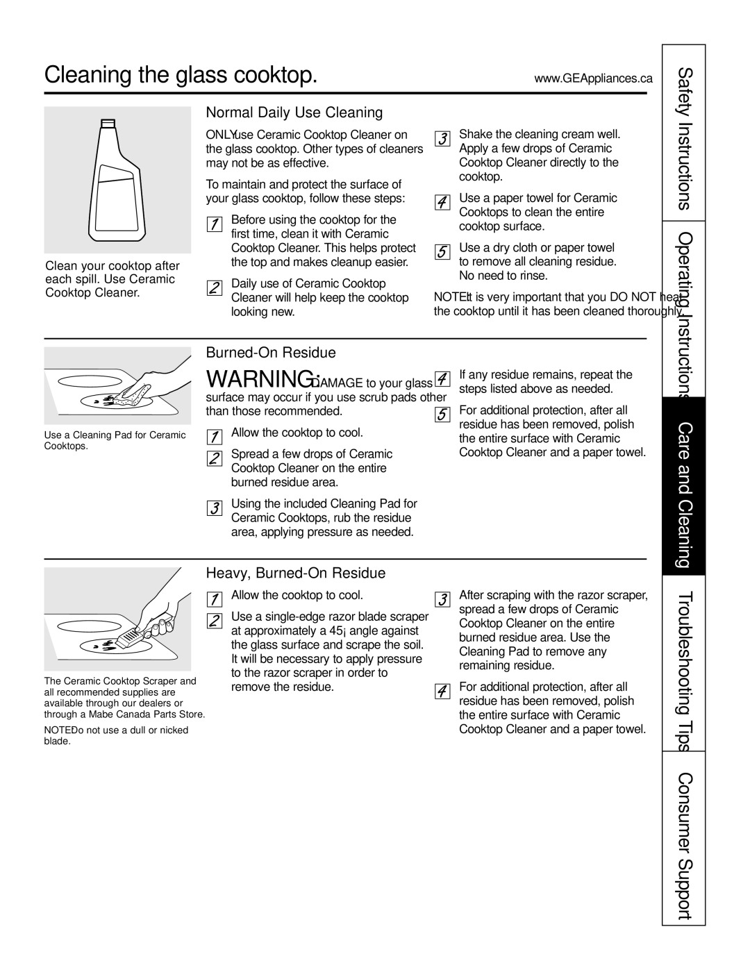 GE Monogram PCP932 Cleaning the glass cooktop, Instructions Operating, Normal Daily Use Cleaning, Burned-On Residue 