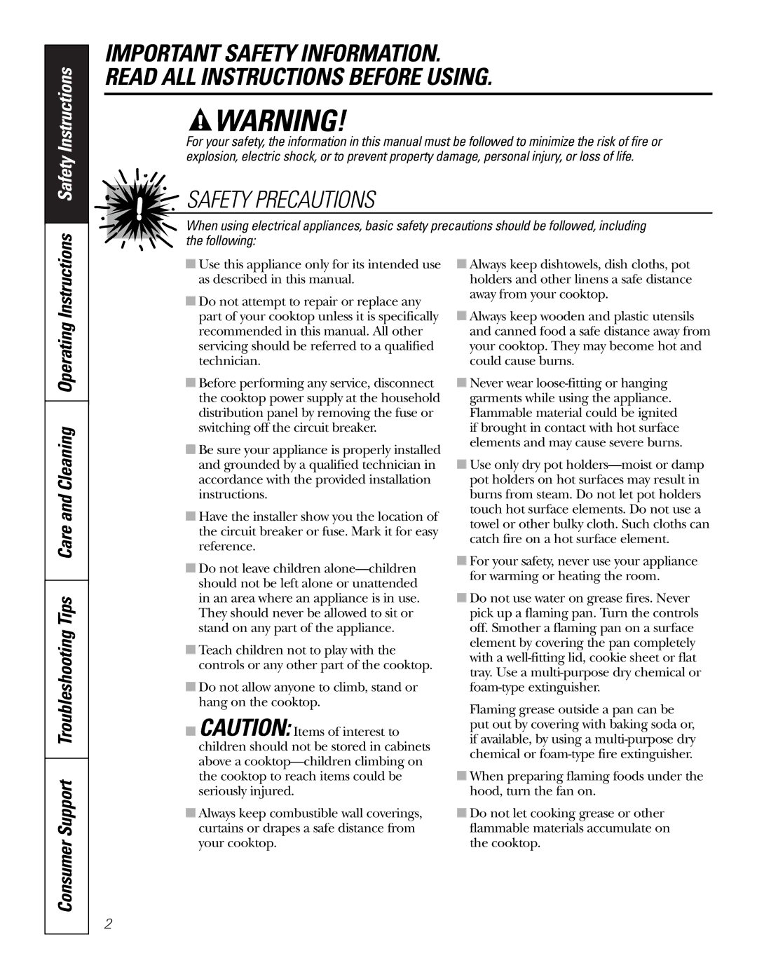 GE Monogram PCP912, PCP932 owner manual Safety Precautions, Safety Instructions 