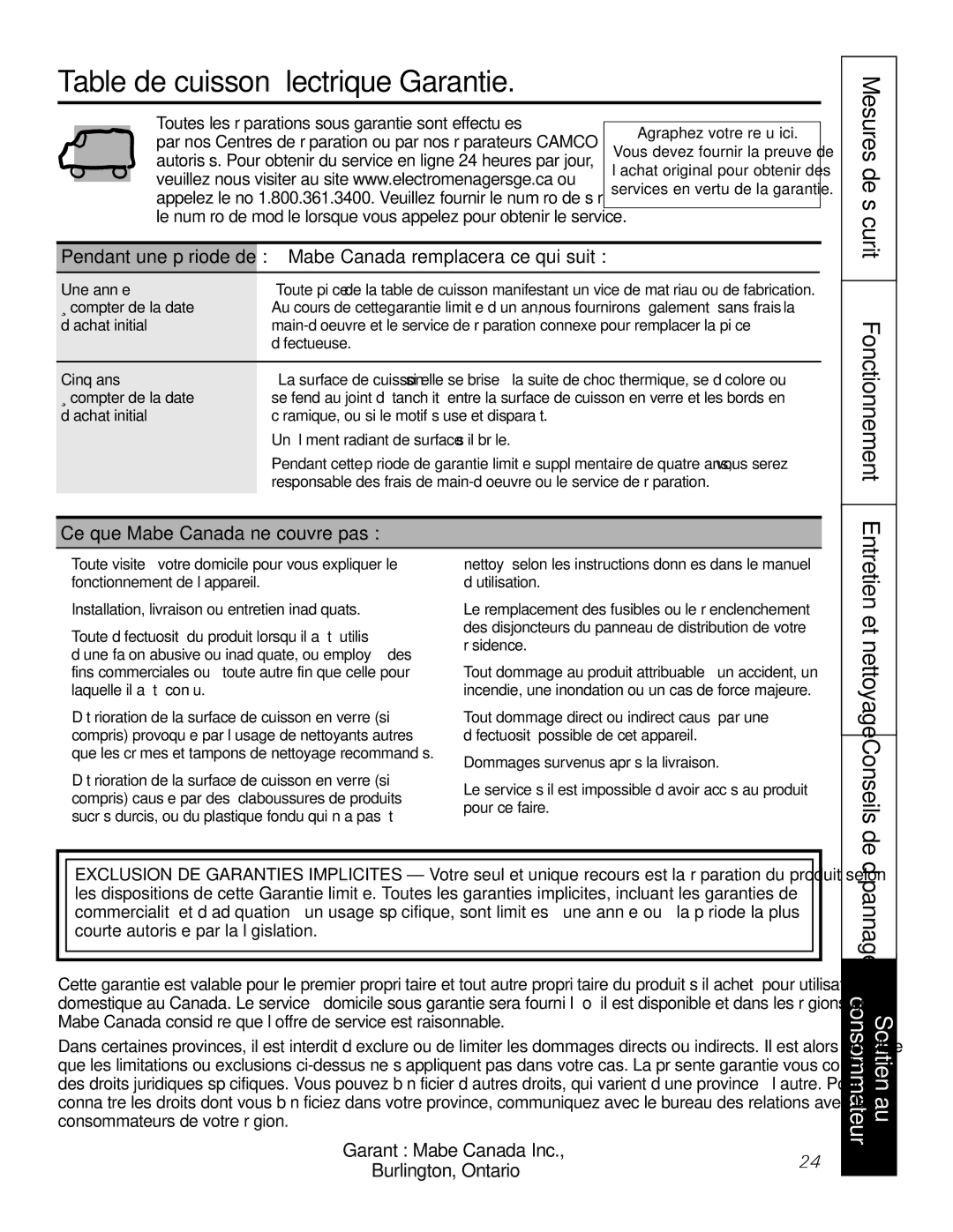 GE Monogram PCP912, PCP932 Fonctionnement, Garantie-électrique cuisson de Table, Mesures de sécurité, Ontario Burlington 