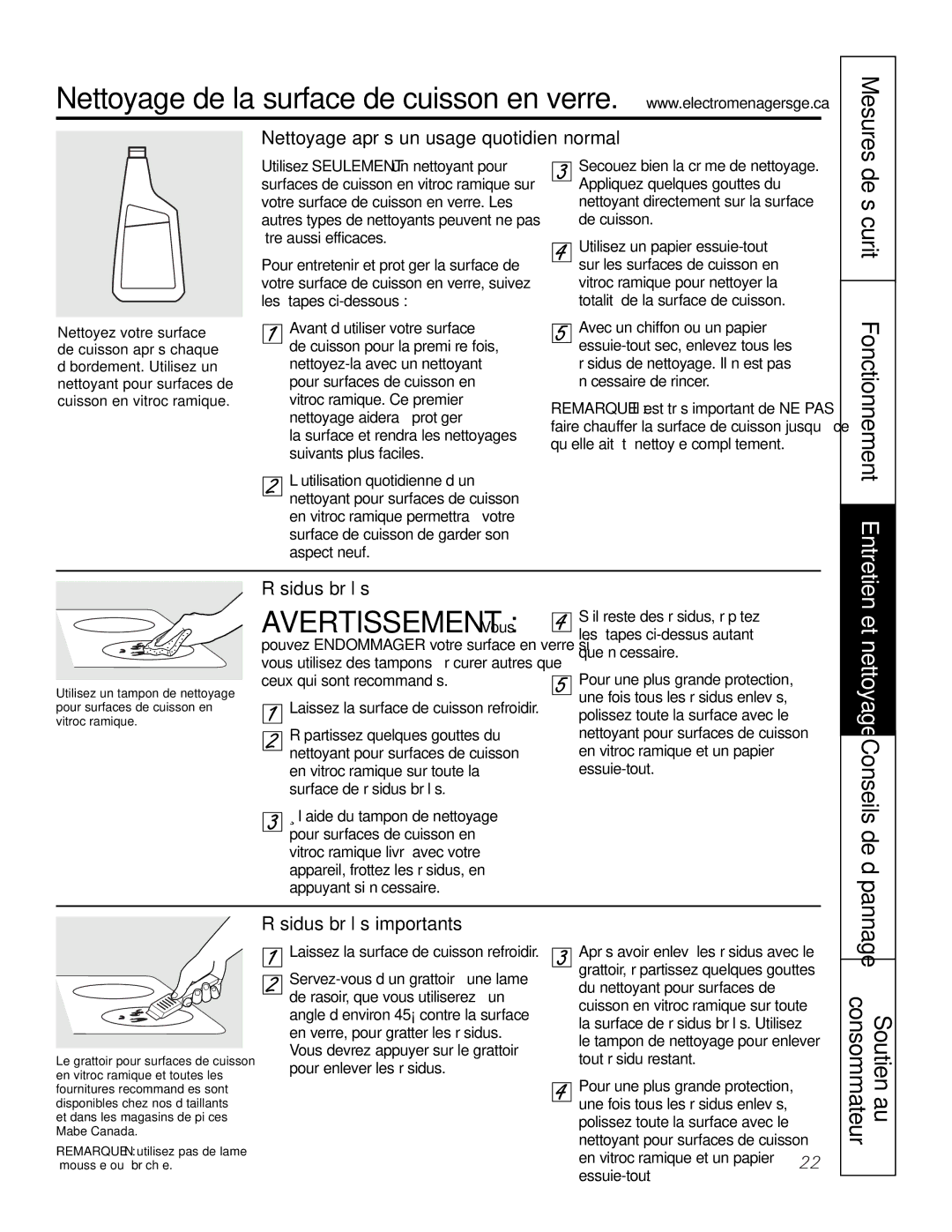 GE Monogram PCP912, PCP932 owner manual Conseils de, De sécurité, Mesures, Verre en cuisson de surface la de Nettoyage 