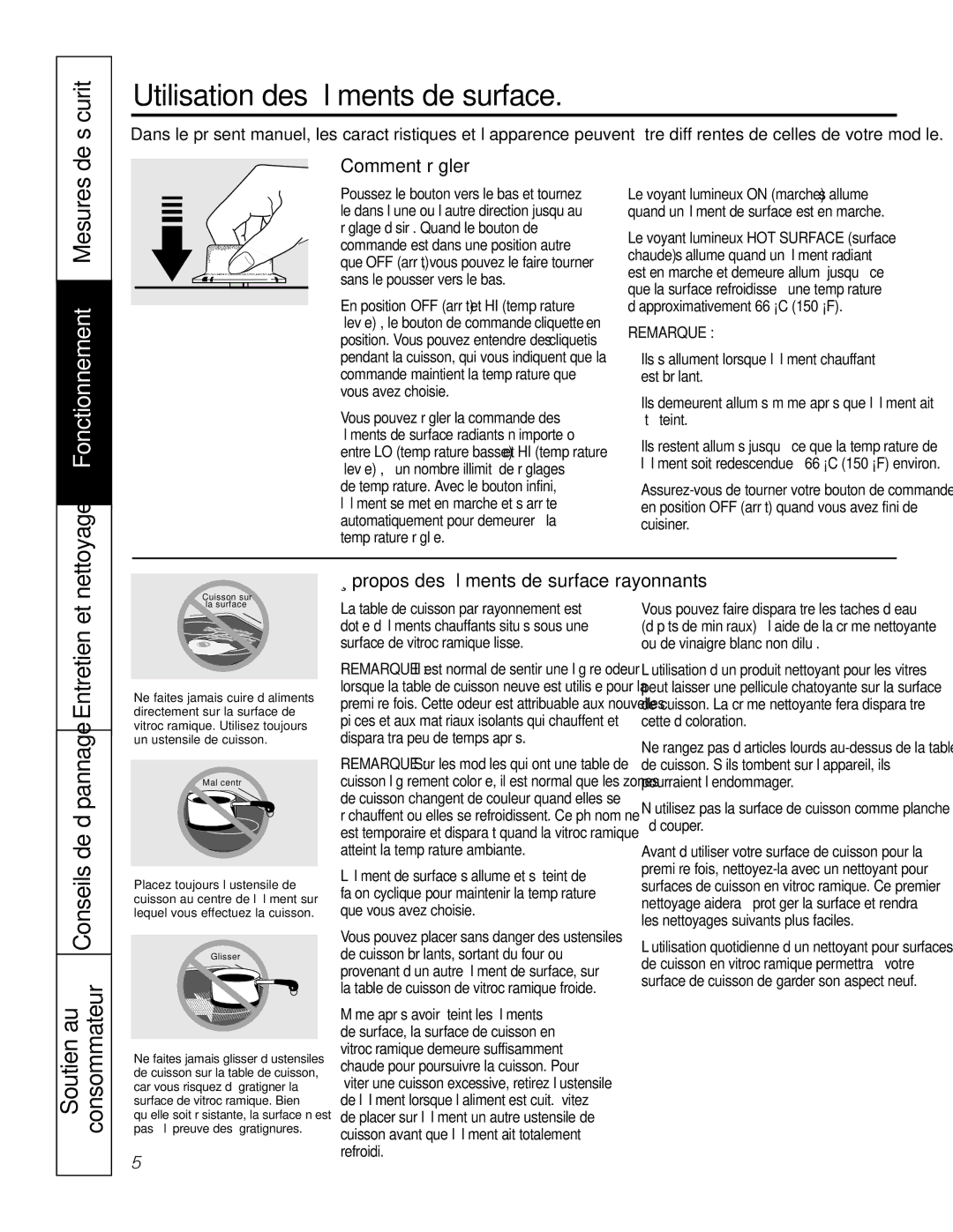 GE Monogram PCP932 Nettoyage, Mesures de, Entretien et, Rayonnants surface de éléments des propos À, Régler Comment 