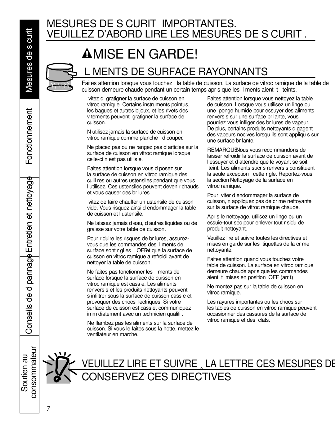 GE Monogram PCP932, PCP912 owner manual Consommateur Soutien au, Mesures de sécurité 