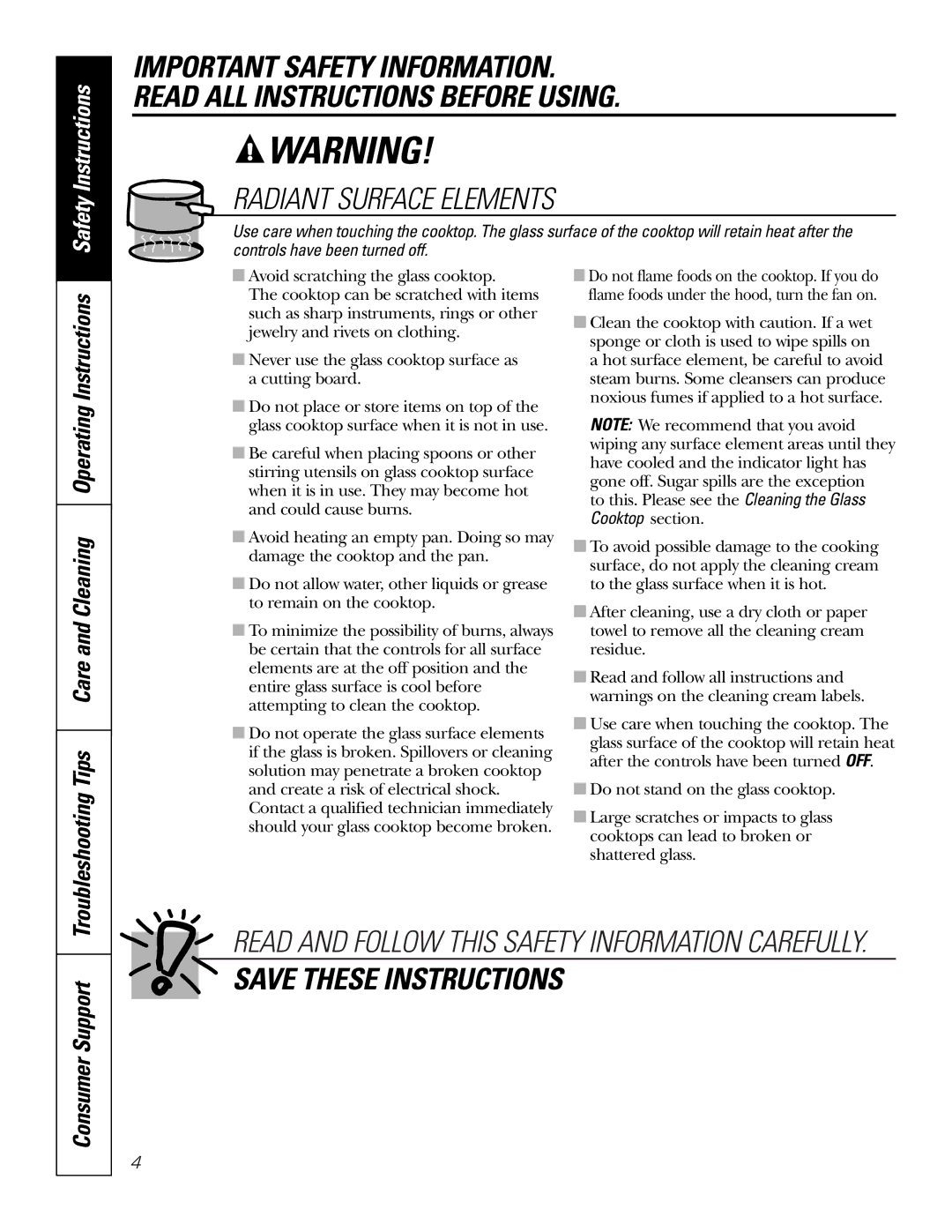 GE Monogram PCP912, PCP932 owner manual Radiant Surface Elements, Consumer Support 