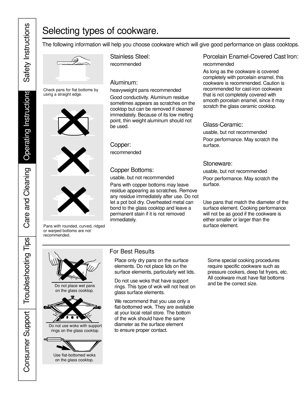 GE Monogram PCP912, PCP932 owner manual Selecting types of cookware, Care and Cleaning, Support Troubleshooting Tips 