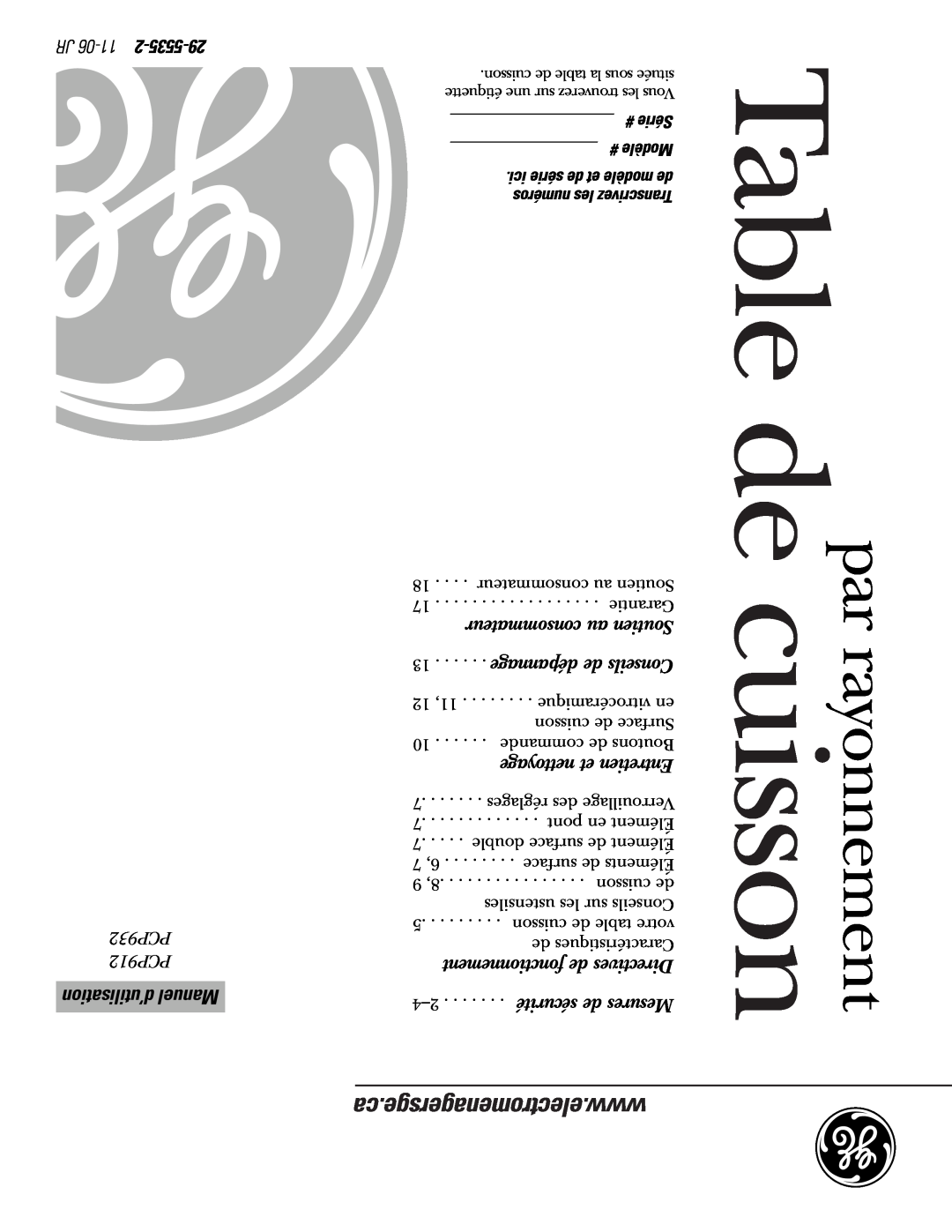 GE Monogram owner manual par rayonnement Table de cuisson, ca.electromenagersge.www, d’utilisation Manuel, PCP932 PCP912 