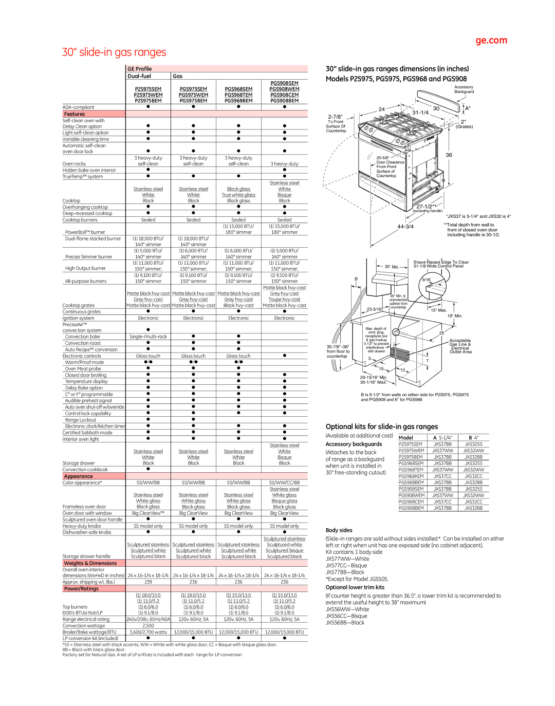 GE Monogram PGS975 manual Slide-in gas ranges 