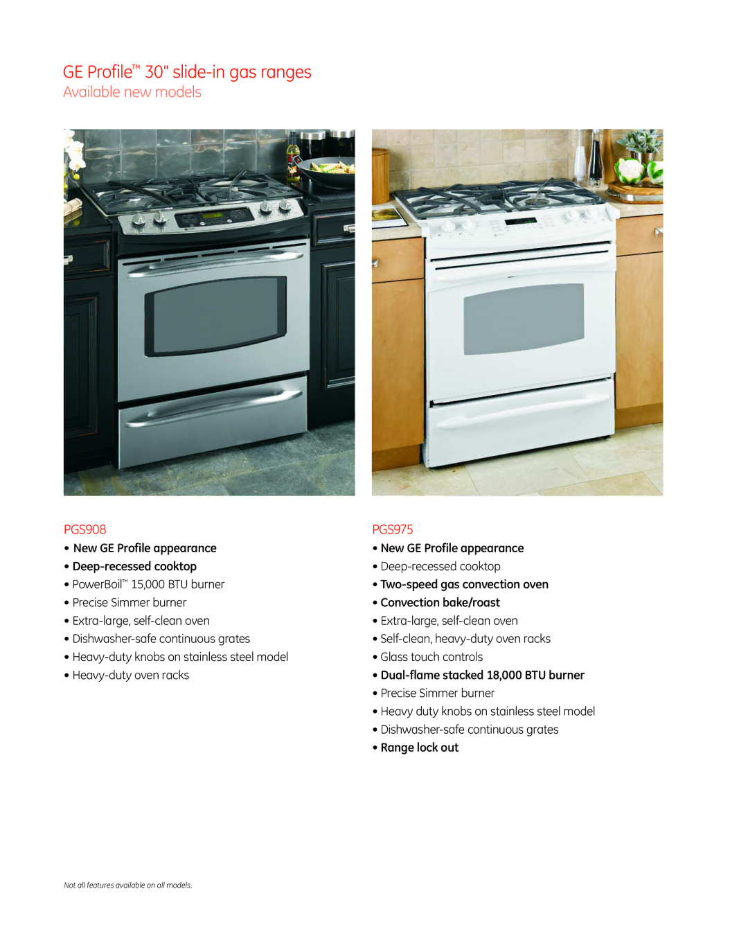 GE Monogram PGS975 manual GE Profile 30 slide-in gas ranges, Available new models 