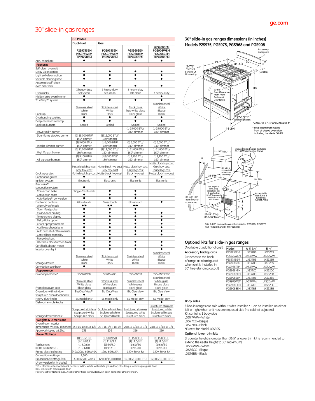 GE Monogram PGS975 manual ge.com, Optional kits for slide-in gas ranges 