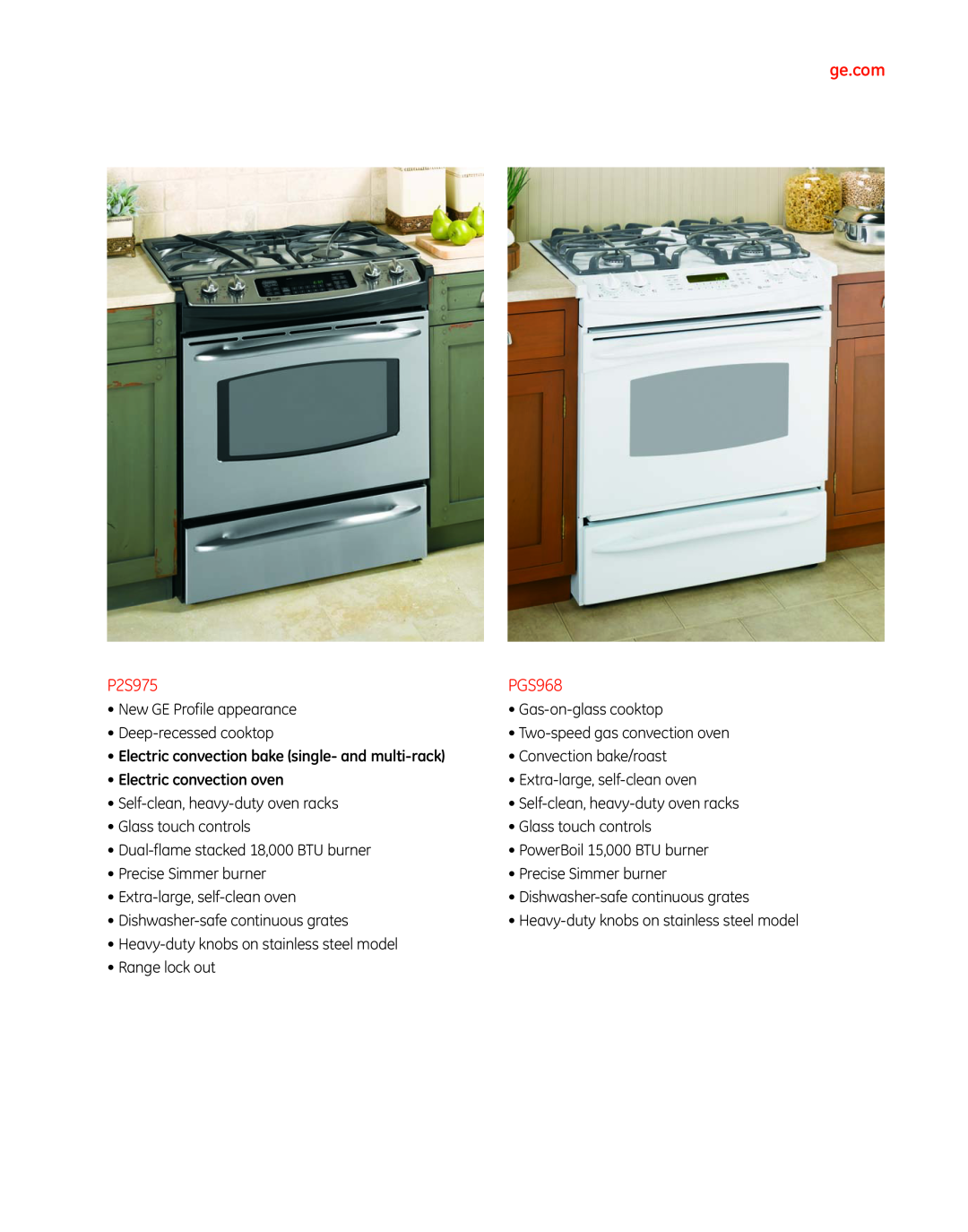 GE Monogram PGS975 manual ge.com, P2S975, PGS968, Electric convection bake single- and multi-rack, Electric convection oven 