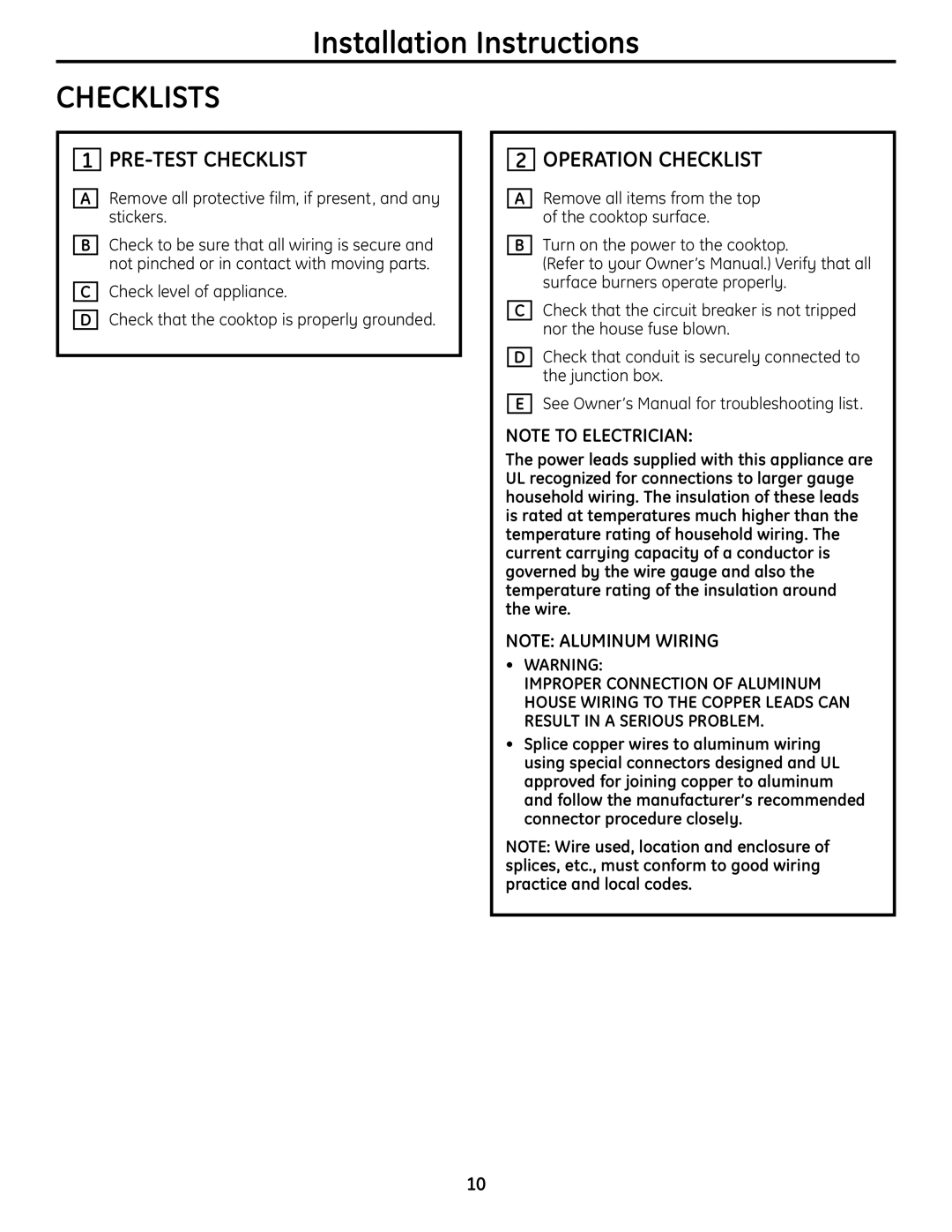 GE Monogram PHP960 warranty Checklists, PRE-TEST Checklist, Operation Checklist 