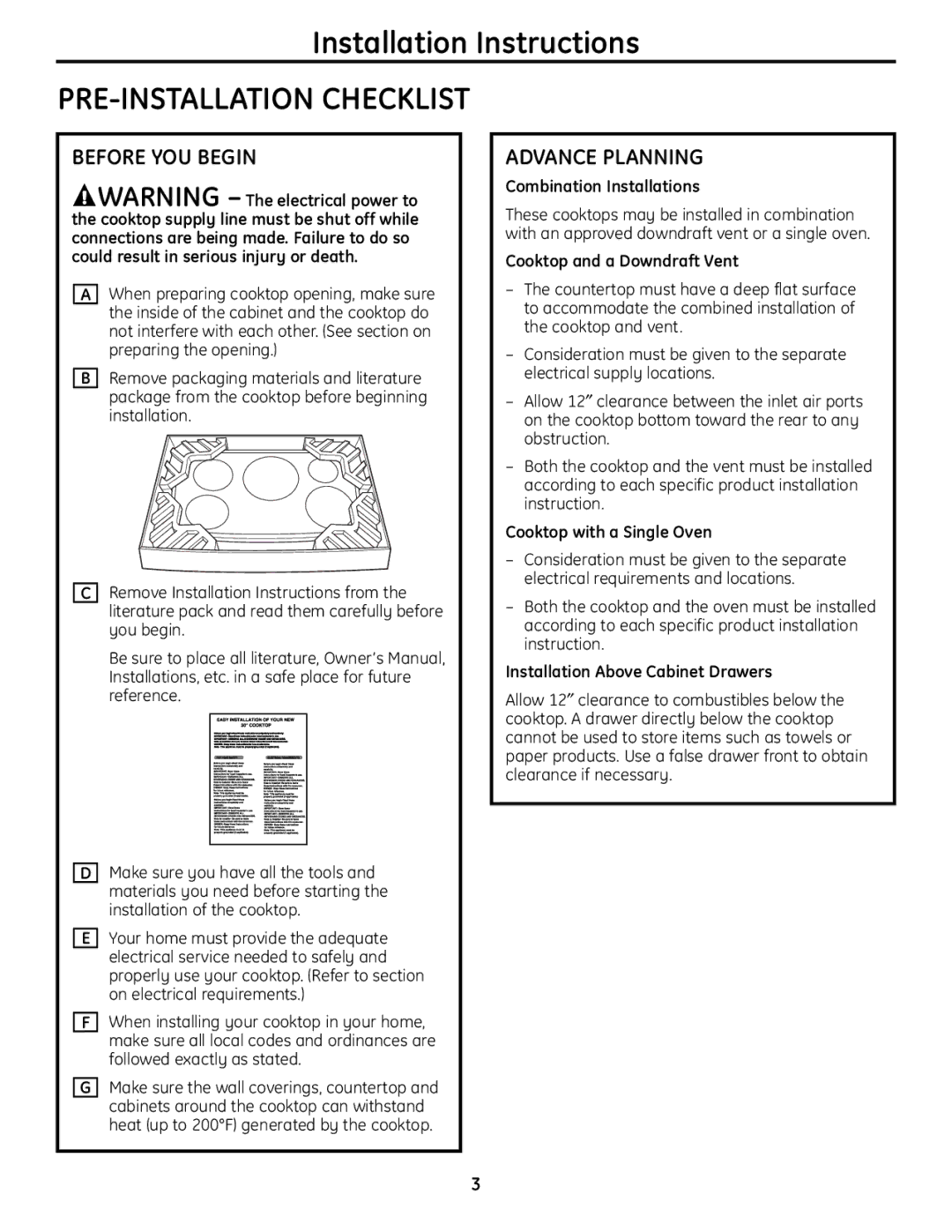 GE Monogram PHP960 warranty PRE-INSTALLATION Checklist, Advance Planning 